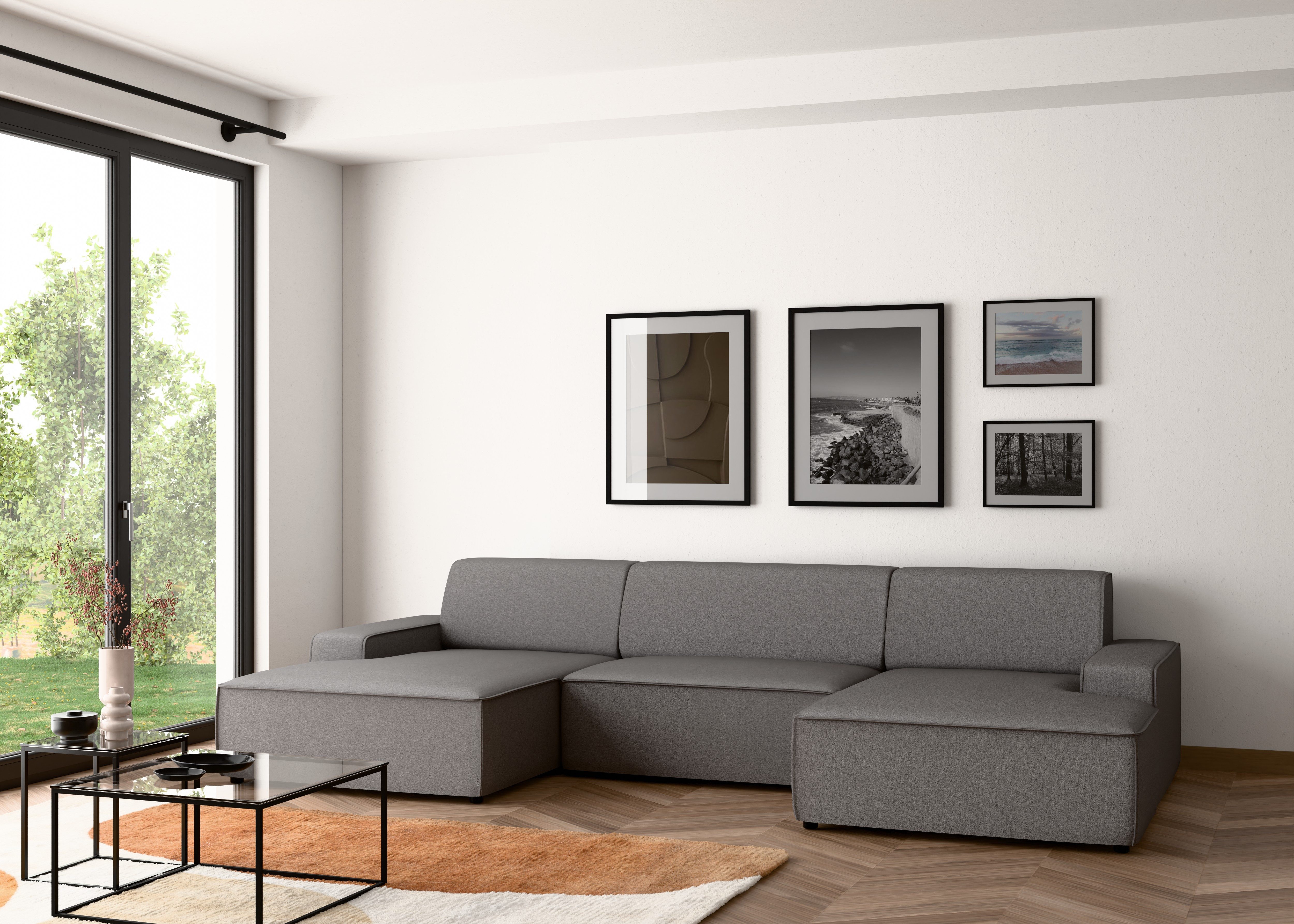 TRENDMANUFAKTUR Wohnlandschaft Graz, wahlweise mit Sitzvorschub und Bettkasten, U-Form, Breite 329 cm, in Cord-, haustierfreundlichem LEO Struktur- oder LUMOS-3D-Bezug