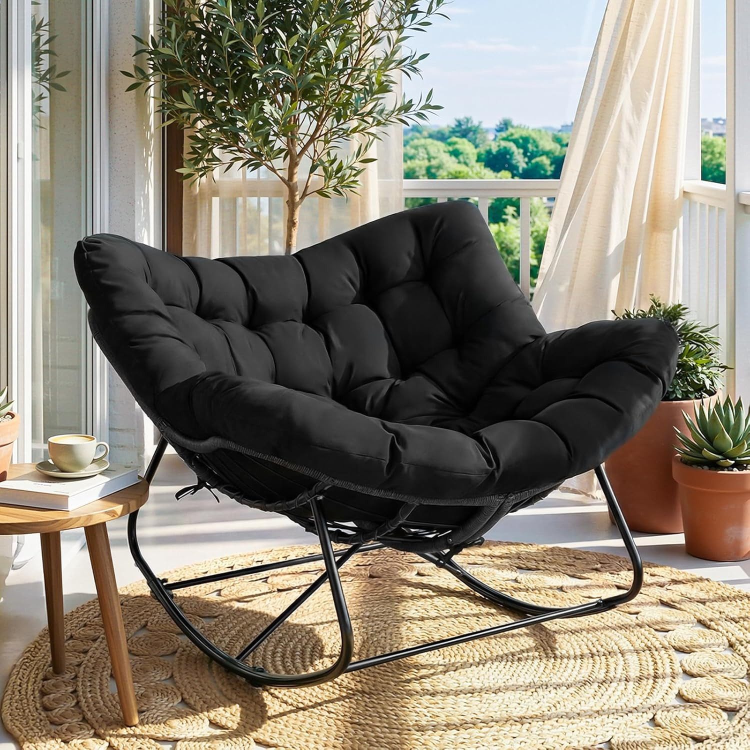 TLGREEN Schaukelstuhl mit Rattan,elegante Eiform, leiser Schaukelkomfort,dickem Abnehmbar Polster & Metallrahmen, Belastung von 150kg