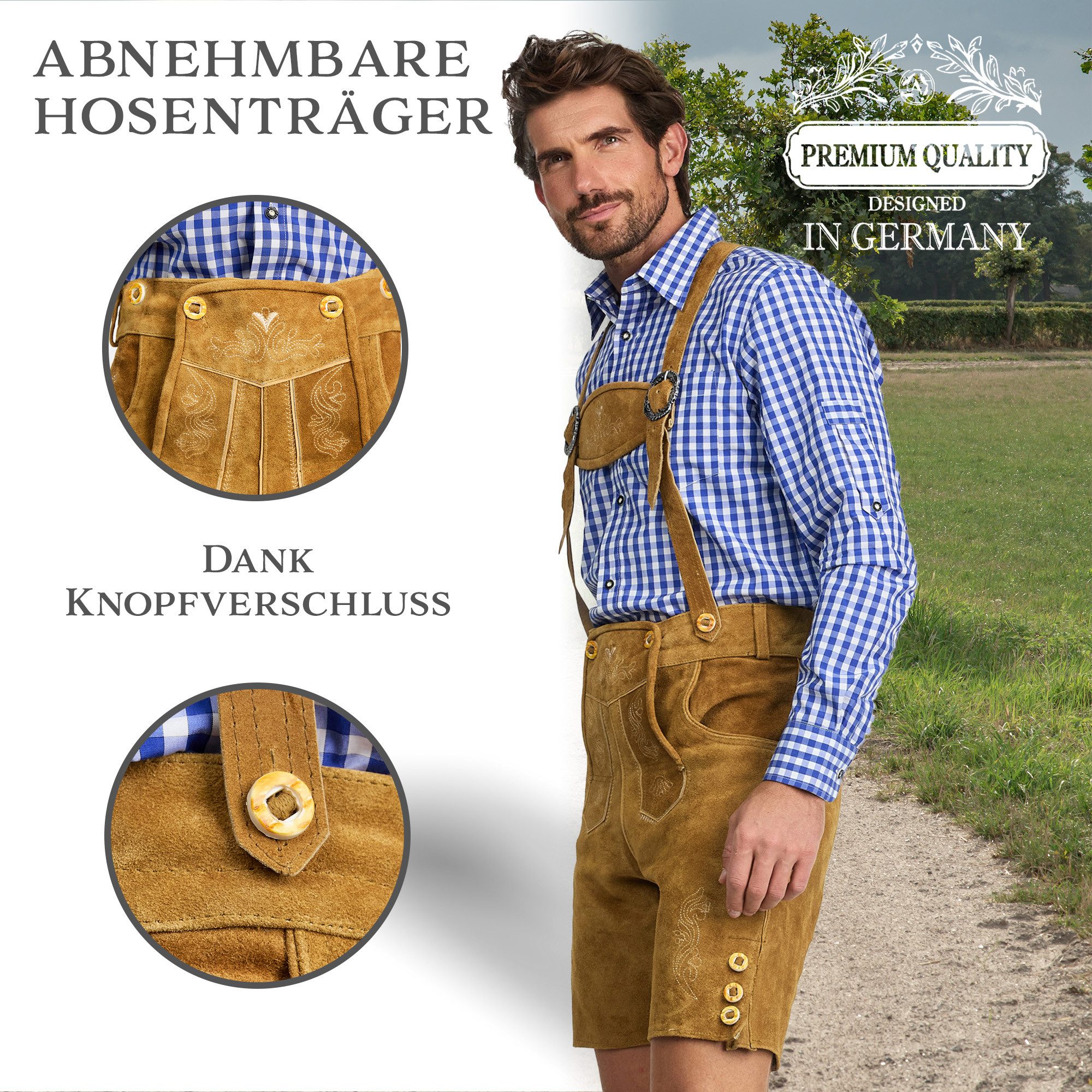Steigenhöfer Manufaktur Trachtenlederhose Lederhose Herren Tracht kurz - Anton - 100% Rindsleder - Kurze Hose (Inklusive verstellbarer Träger) Traditionelle Ech – Bild 5 von 5