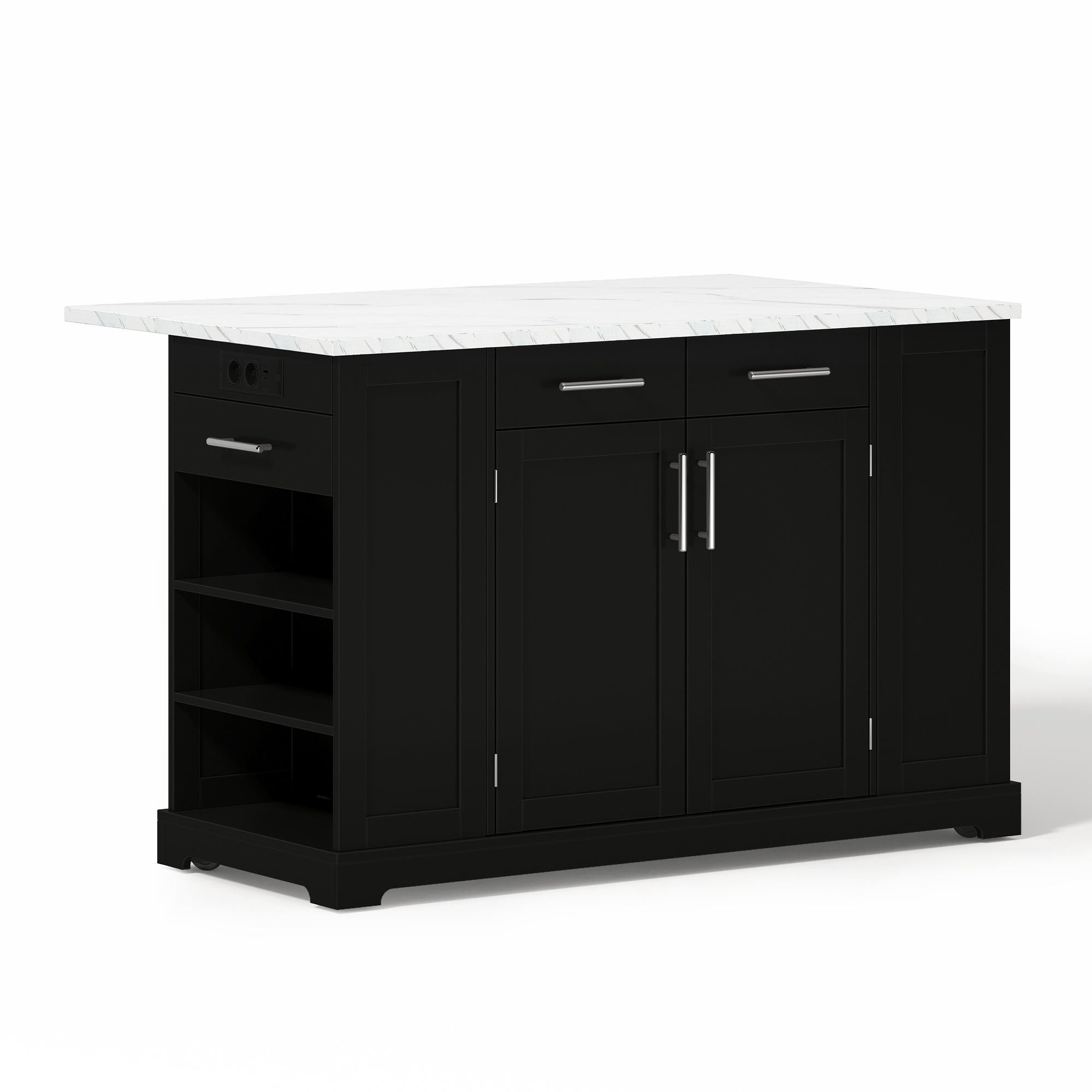 Odikalo Kücheninsel Küchenwagen Sideboard mit Klapparbeitsplatte EU-Steckdose, (138 cm,Moderne Kücheninsel mit Klapparbeitsplatte, geräuscharmen Rollen, EU-Steckdose, verstellbaren Regalen und Auszieh-Müllraum)