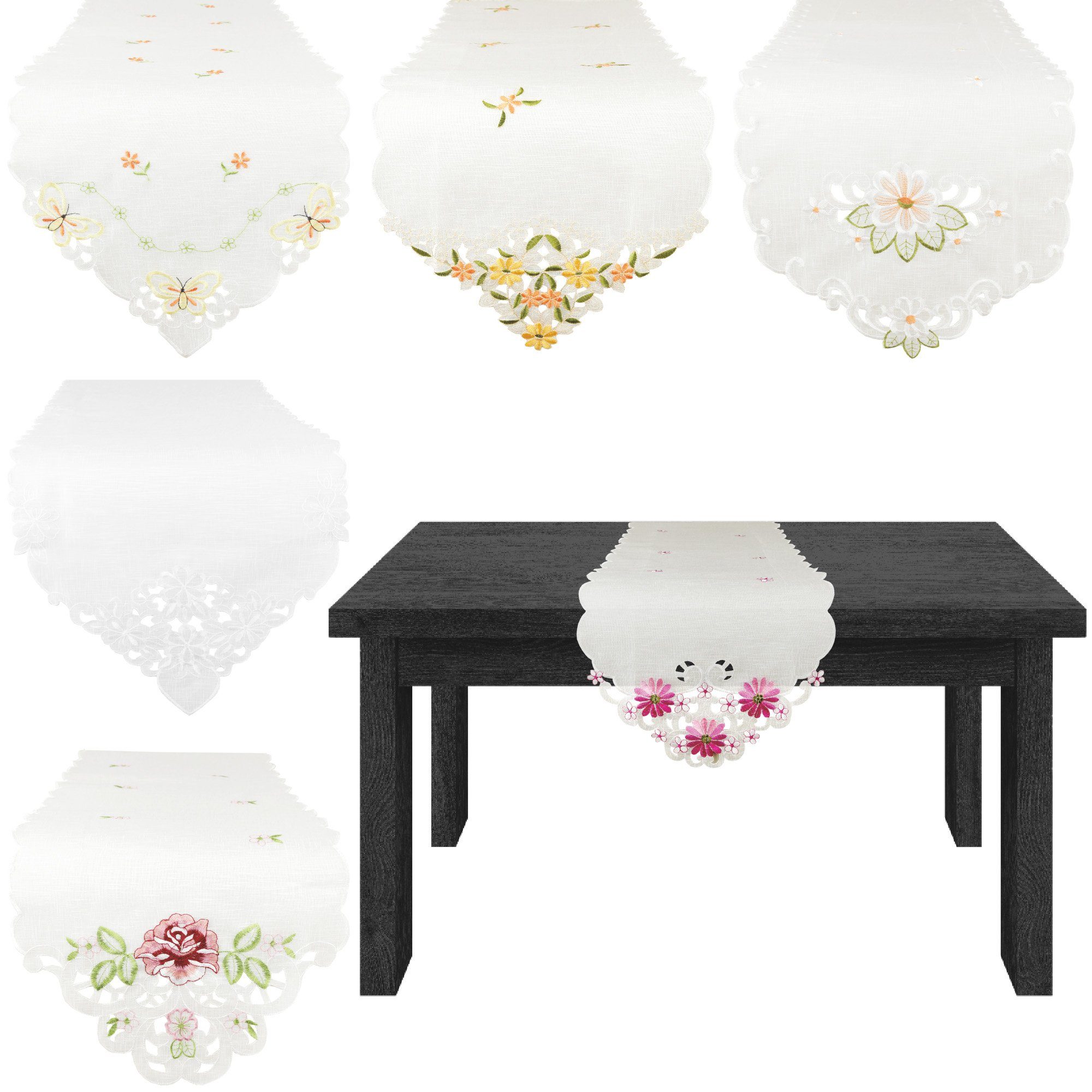 Arsvita Tischläufer bestickt Designs Platzdecke Tischdekoration versch. in Tischdecke (1-tlg), mit Weiß Spitze, vielen 140x35cm dekorativer