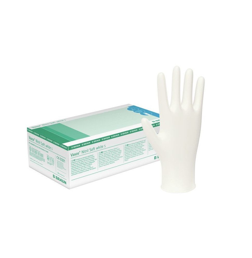 B. Braun Nitril-Handschuhe Vasco Nitril Soft white U.-Handschuhe, PF, Gr. S/M/L/XL 180 Stk. (Einmalhandschuhe, 200-St., Hohe Reißfestigkeit bei gleichzeitig guter Sensitivität) Puderfrei und latexfrei – ideal für Allergiker
