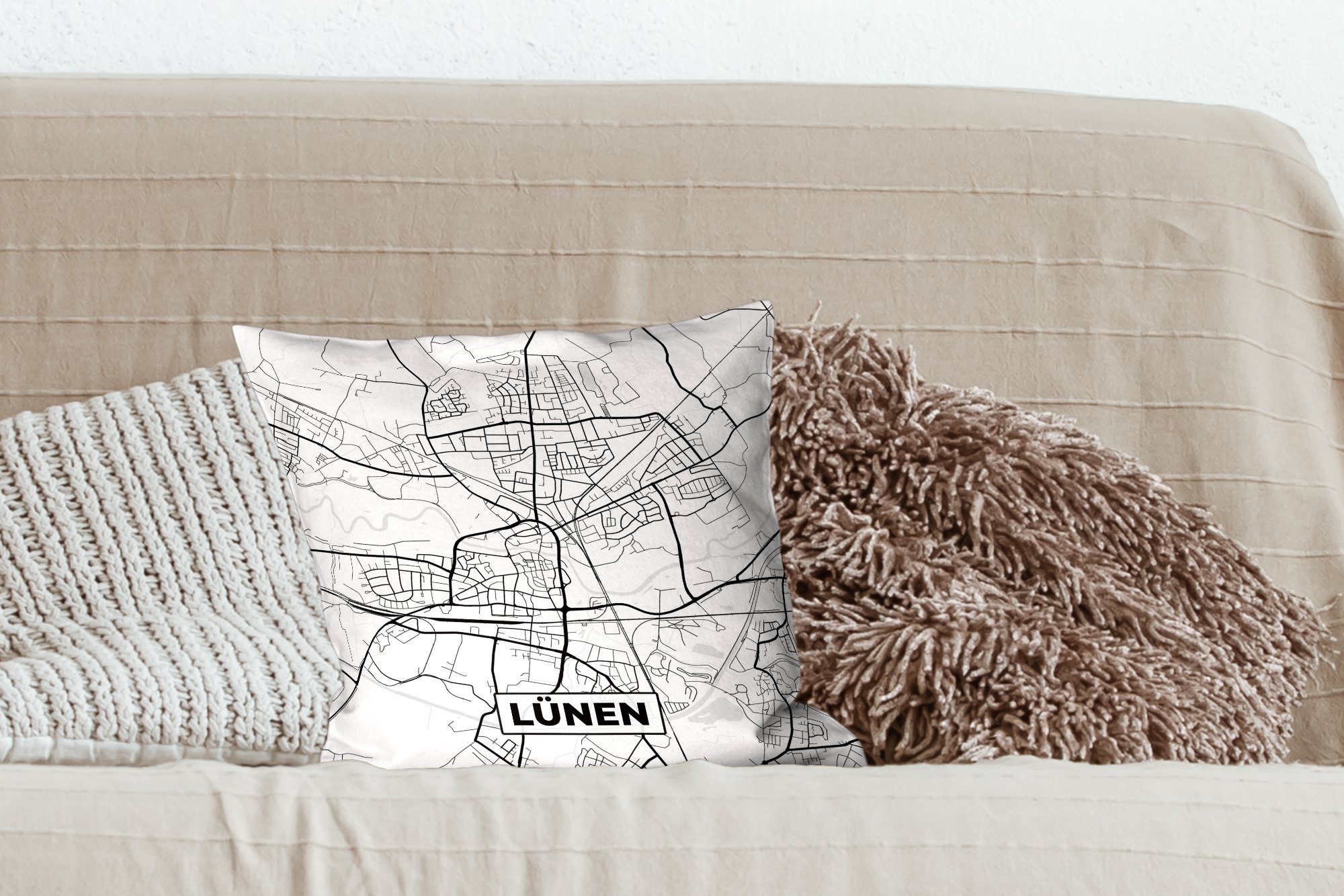 Sofakissen Karte MuchoWow für Stadtplan - Lünen Füllung Zierkissen - Karte, mit Deko, Schlafzimmer, - Wohzimmer, Dekokissen