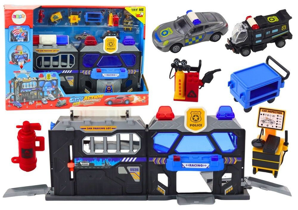 LEAN TOYS Spiel-Polizeistation Set aus erweiterbaren Garagenschienen im Koffer