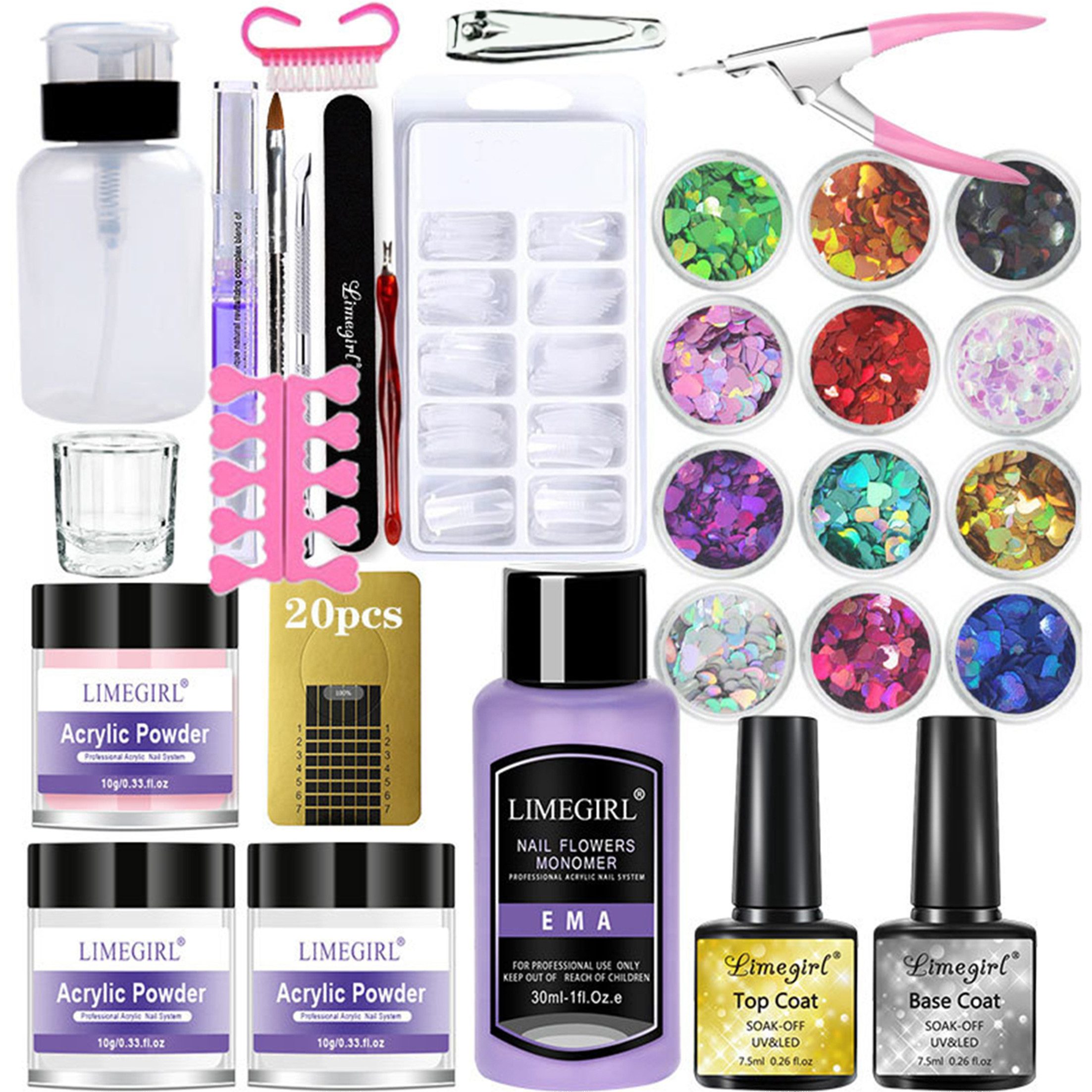 KINSI Nageldesign Zubehör Nagelkunst Kristallpuder Set, Crystal Powder Liquid Set, 20 Stück, Nagelverlängerungspuder, Maniküre-Kit Werkzeuge, DIY-Nagelkunst