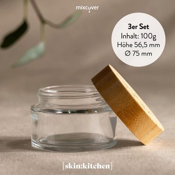 Mixcover Aufbewahrungsbox skinkitchen Glastiegel mit Bambusdeckel & Gravur für selbstgemachte Kosmetik 3er Set 100g "Klar"