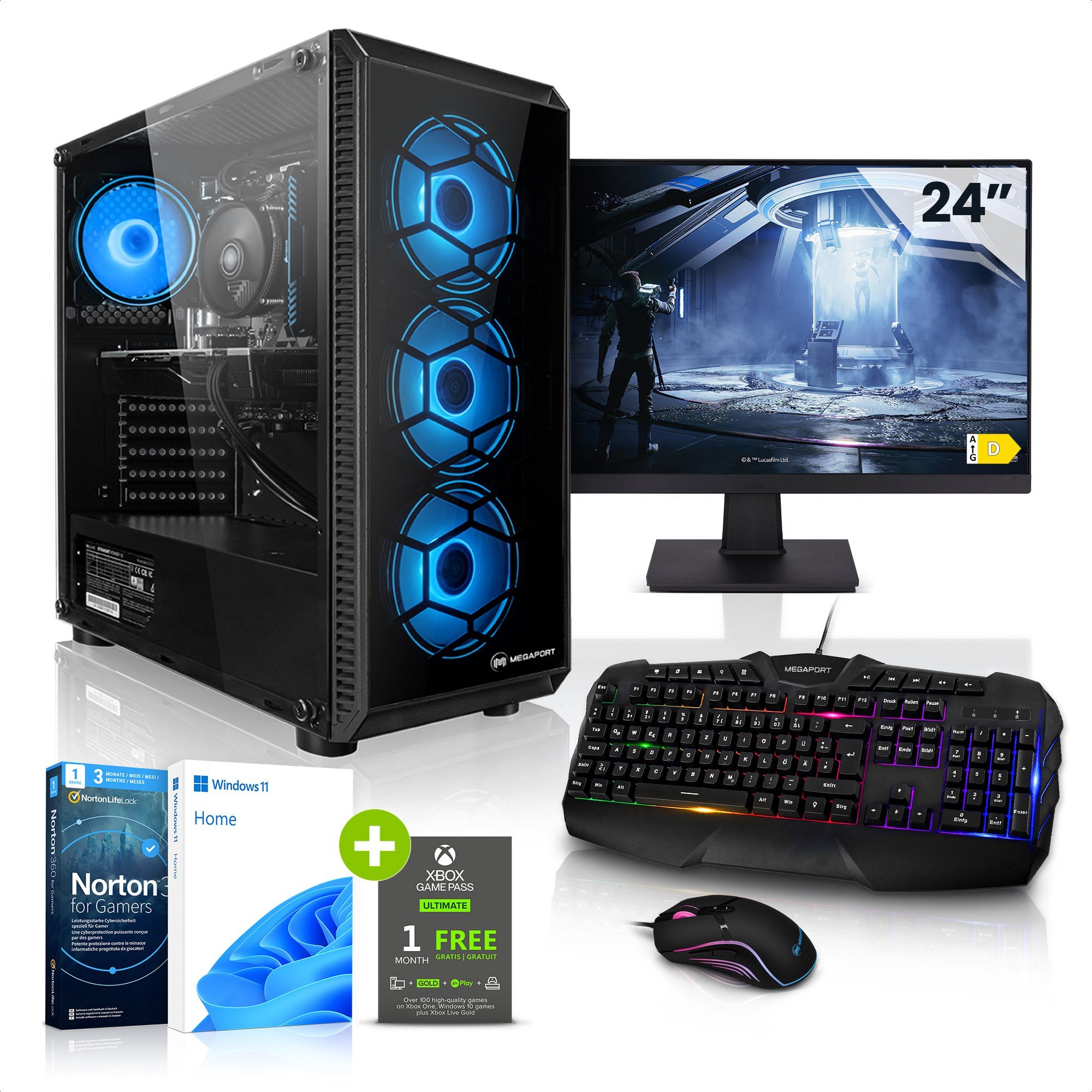 Megaport Gaming-PC-Komplettsystem (24", Intel Core i5-10400F 6x2,90 GHz 10400F, GeForce GTX 1650 4GB, 16 GB RAM, 500 GB SSD, Windows 11, WLAN)