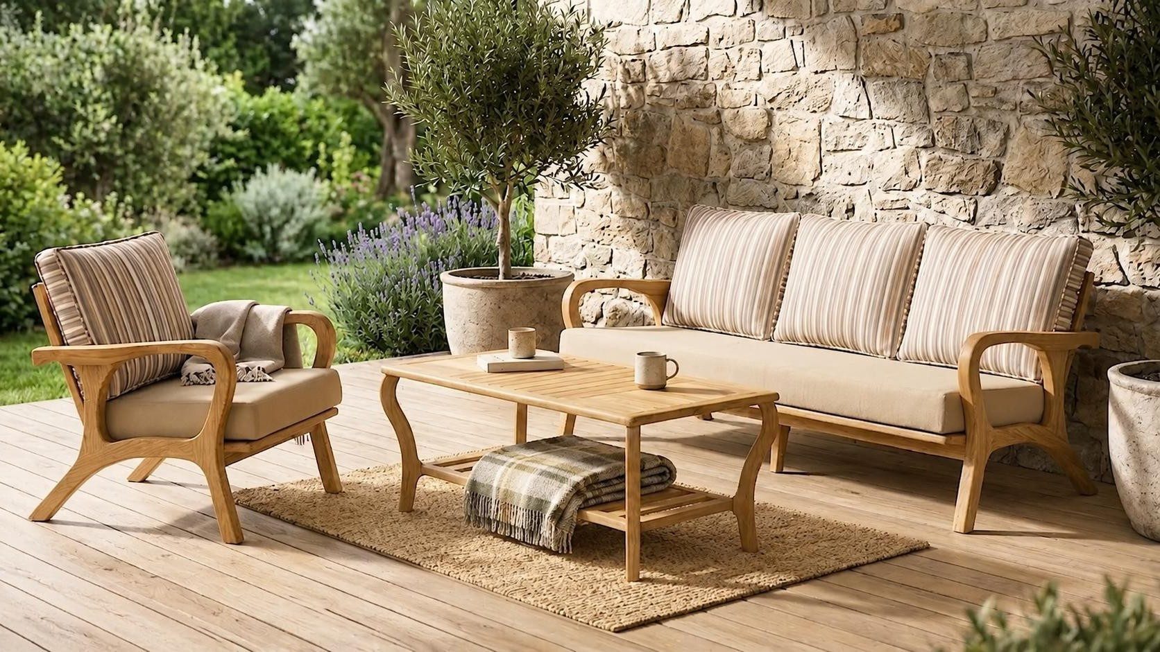 Xlmoebel Gartenlounge-Set Gartenlounge Set 3-Sitzer Sofa Sessel Beige Kissen Modern Neu, (Gartenlounge-Set, 3-tlg., 3-tlg), Abnehmbares Sitzkissen
