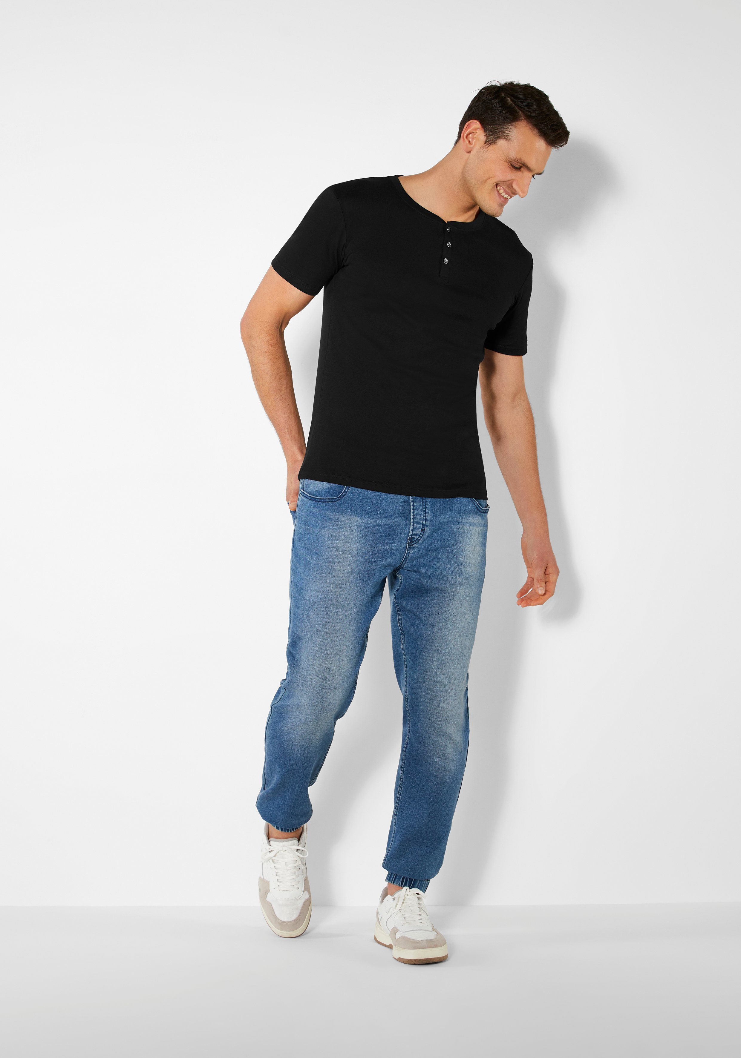 H.I.S T-Shirt (Packung) aufwendiger Knopfleiste Unterziehshirt als schwarz mit perfekt