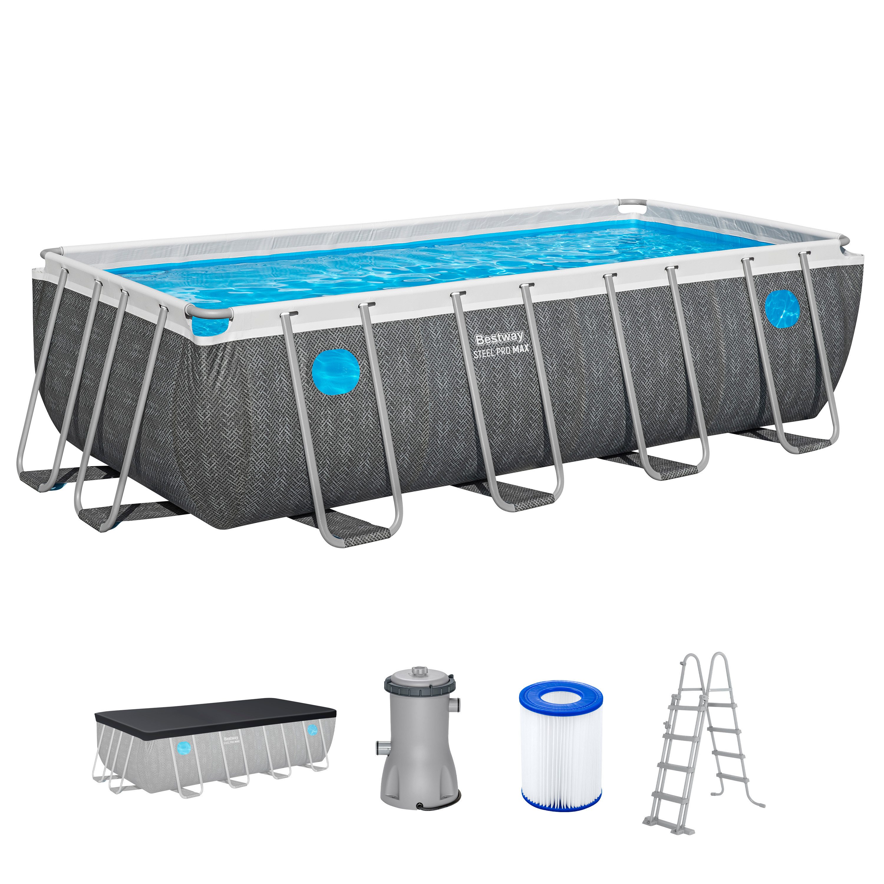 Bestway Framepool Steel Pro MAX™ Splashview™ (Set, Inkl. Filterpumpe, Sicherheitsleiter, Abdeckplane), 488 x 244 x 122 cm