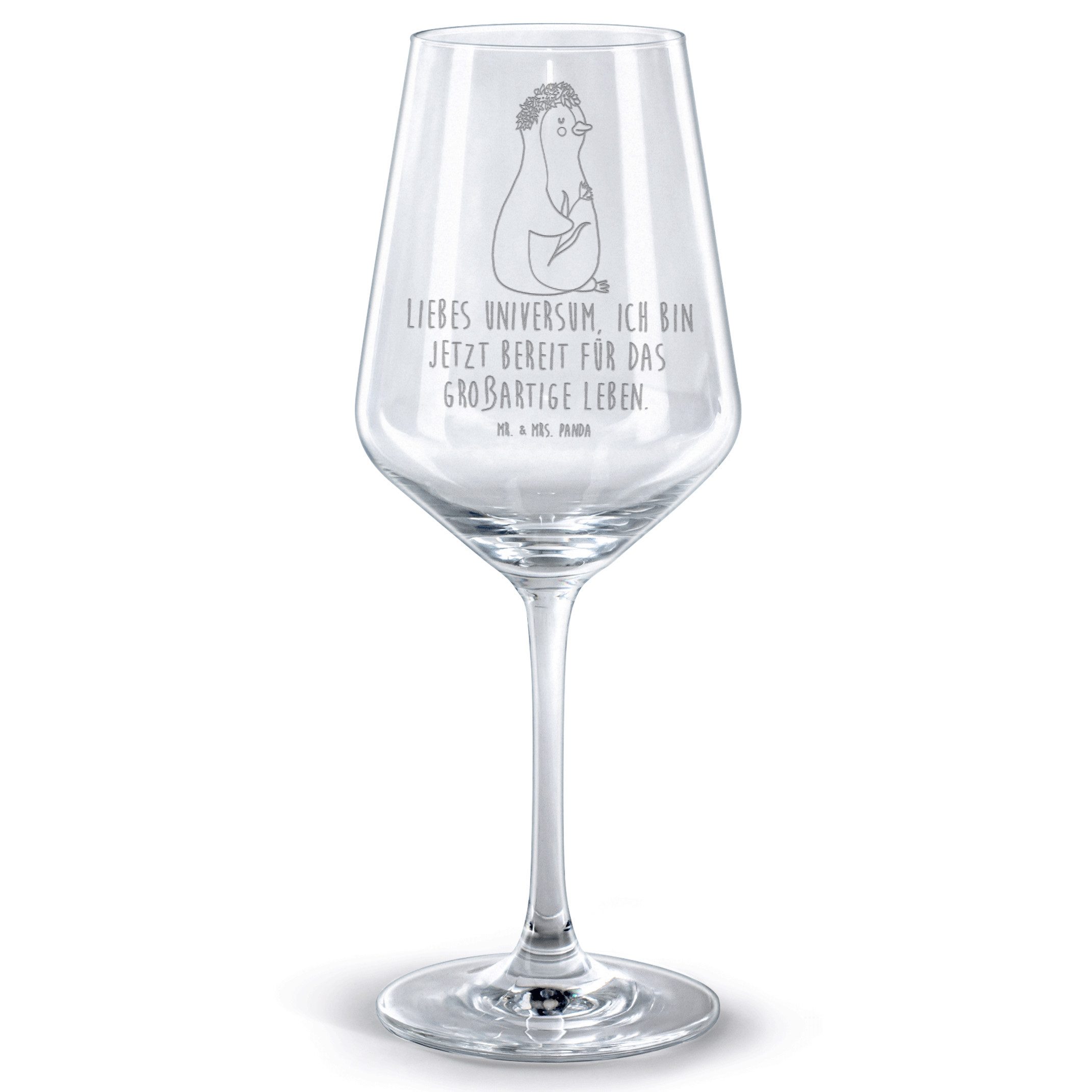 Mr. & Mrs. Panda Rotweinglas Pinguin Blumen - Transparent - Geschenk, Hochwertige Weinaccessoires, Premium Glas, Feine Lasergravur