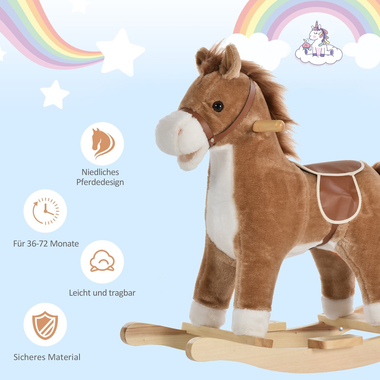 HOMCOM Schaukeltier Baby Pferd mit Tiergeräusche Spielzeug Haltegriffe, (1 tlg), Braun 65 x 32.5 x 61 cm – Bild 4 von 5
