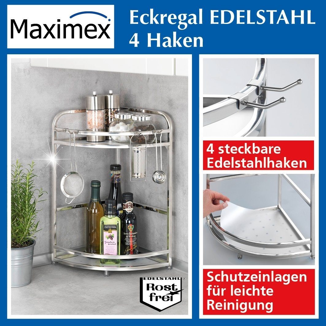 Maximex Eckregal Eckregal Edelstahl 4 Haken Maße ca.: 24 x 24 x 45 cm. | Eckregale