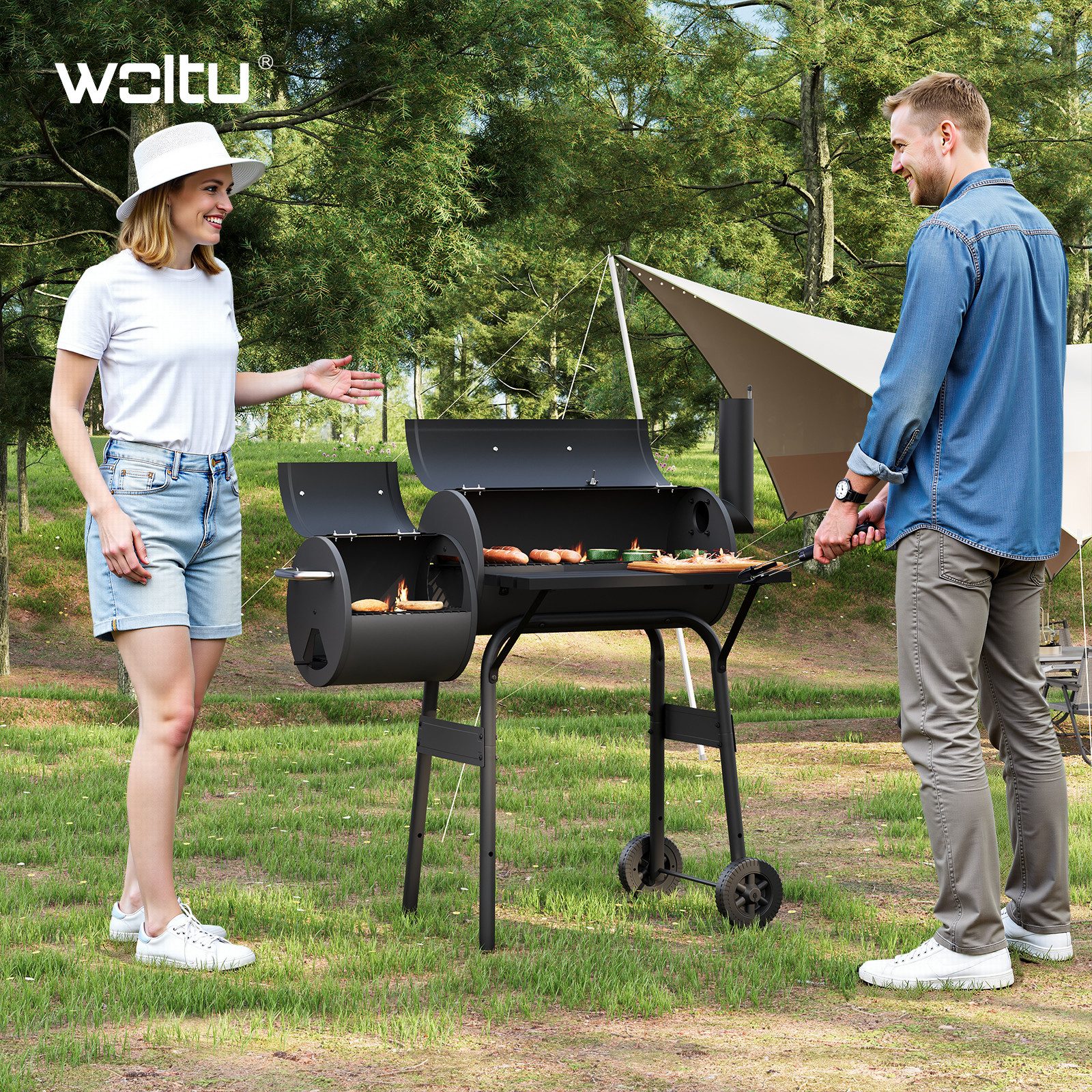 Woltu Holzkohlegrill, 2 Kammern Standgrill BBQ Grill für Camping Garten