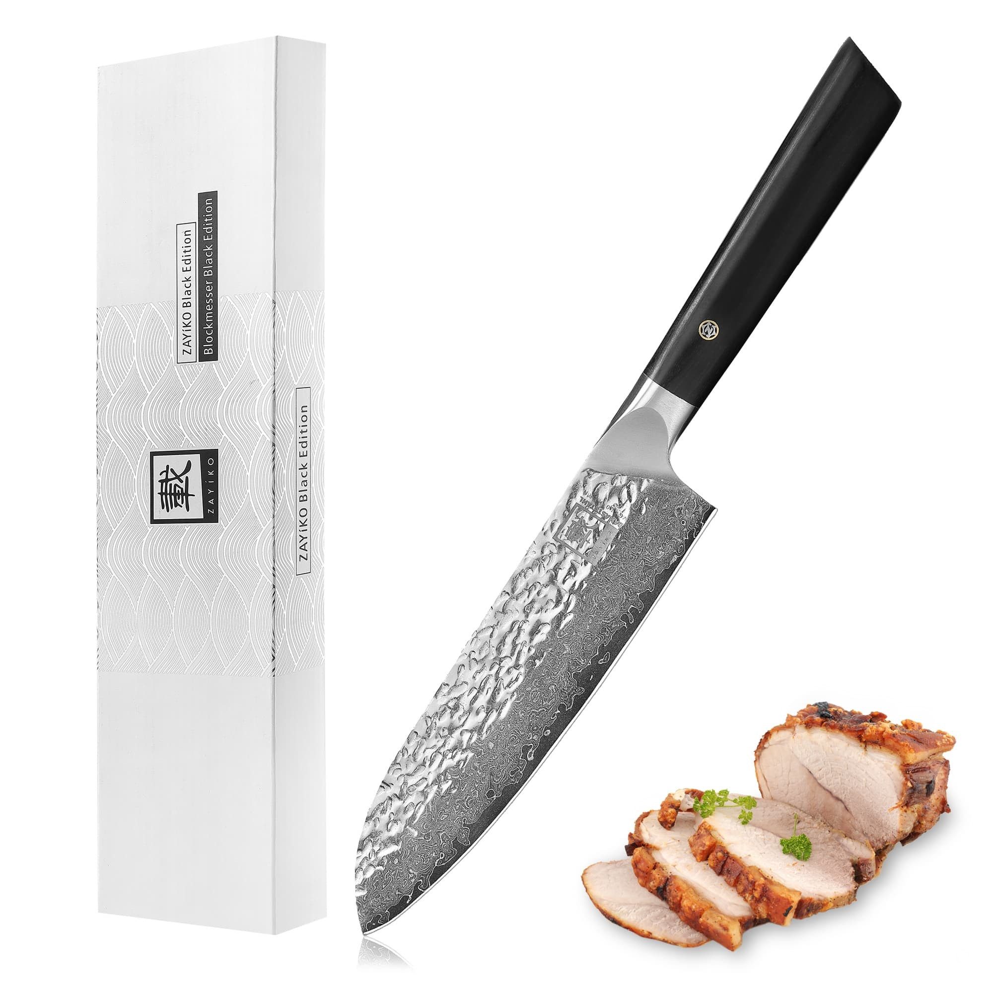 ZAYIKO Santokumesser KURO Küchenmesser17cm Klinge mit Hammerschlag Pakaholzgriff, Damaststahl, VG10-Kern, Hammerschlag