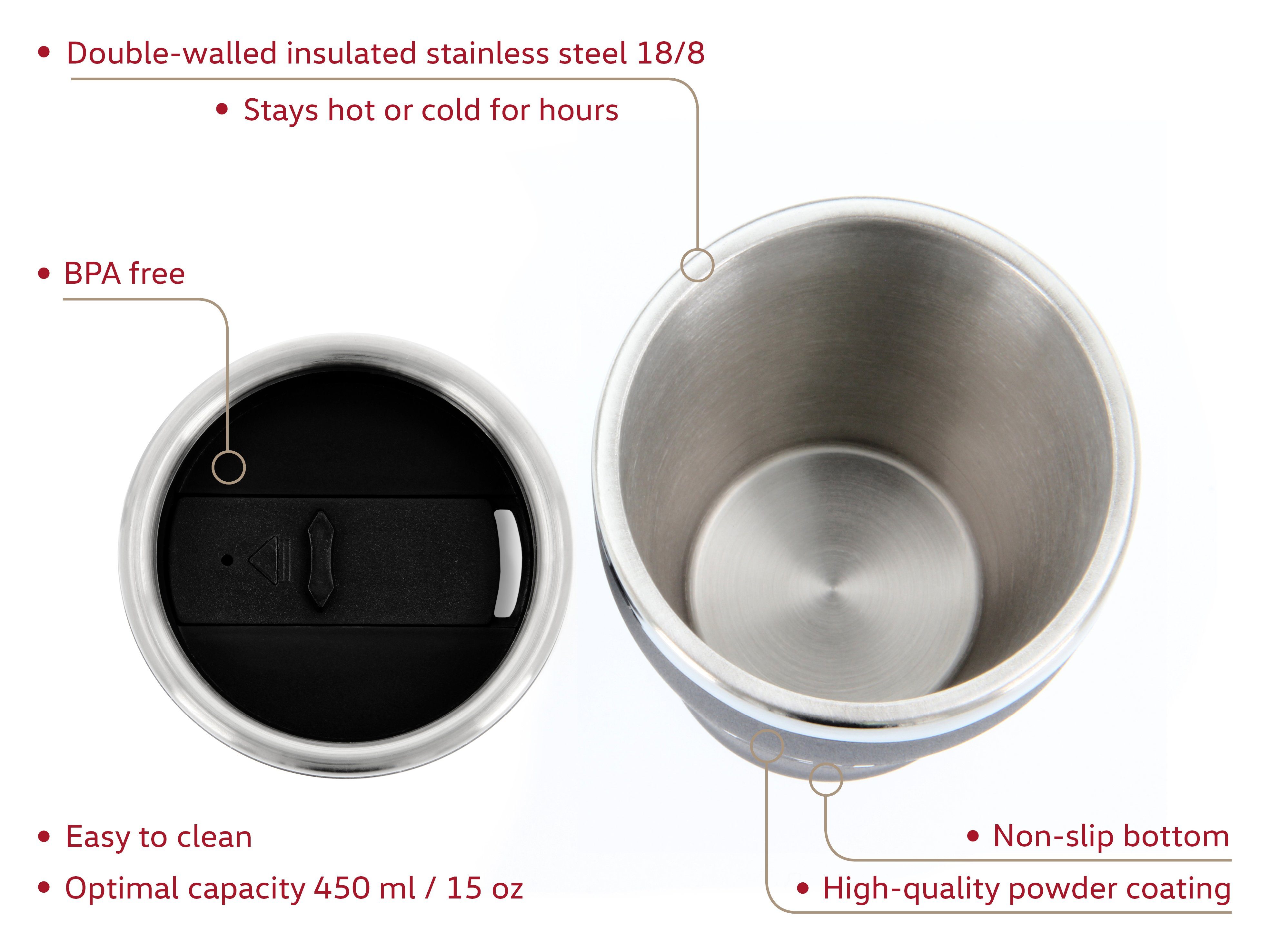 VW Collection by BRISA Coffee-to-go-Becher Volkswagen Isolierter-Edelstahl Thermobecher, Edelstahl, Stilvoller schwarzer Travel Mug mit GTI Logo, 450ml