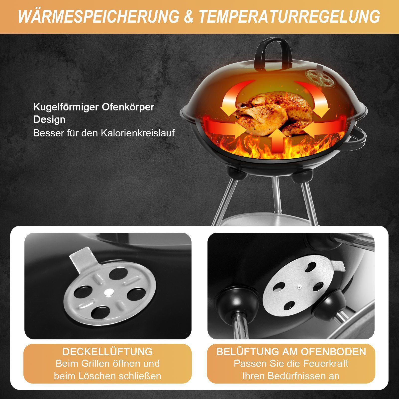 SunJas Holzkohlegrill Kugelgrill Campinggrill CA-20 mit Luftventilen Deckel und Rädern, Ø41,5 cm Geeignet für 4-6 Personen, BBQ Grills XXL Standgrill Grillwagen Rundgrill kohlegrill