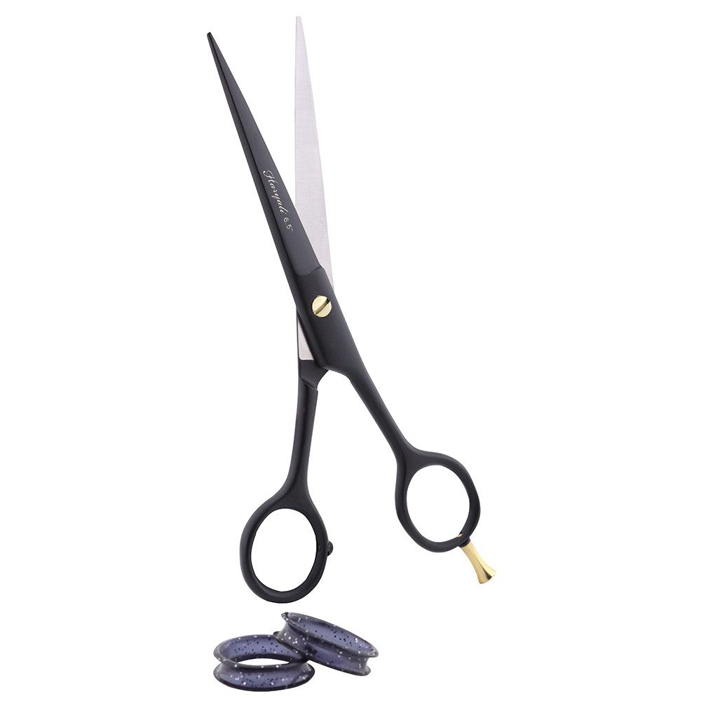 Haryali London Haarschere Haarschneideschere, hochwertige Friseurschere in Schwarz und Gold 6.5", (1 Stück, Öl einmal pro Woche), Scharfe und glatte Klinge für einen besseren Haarschnitt