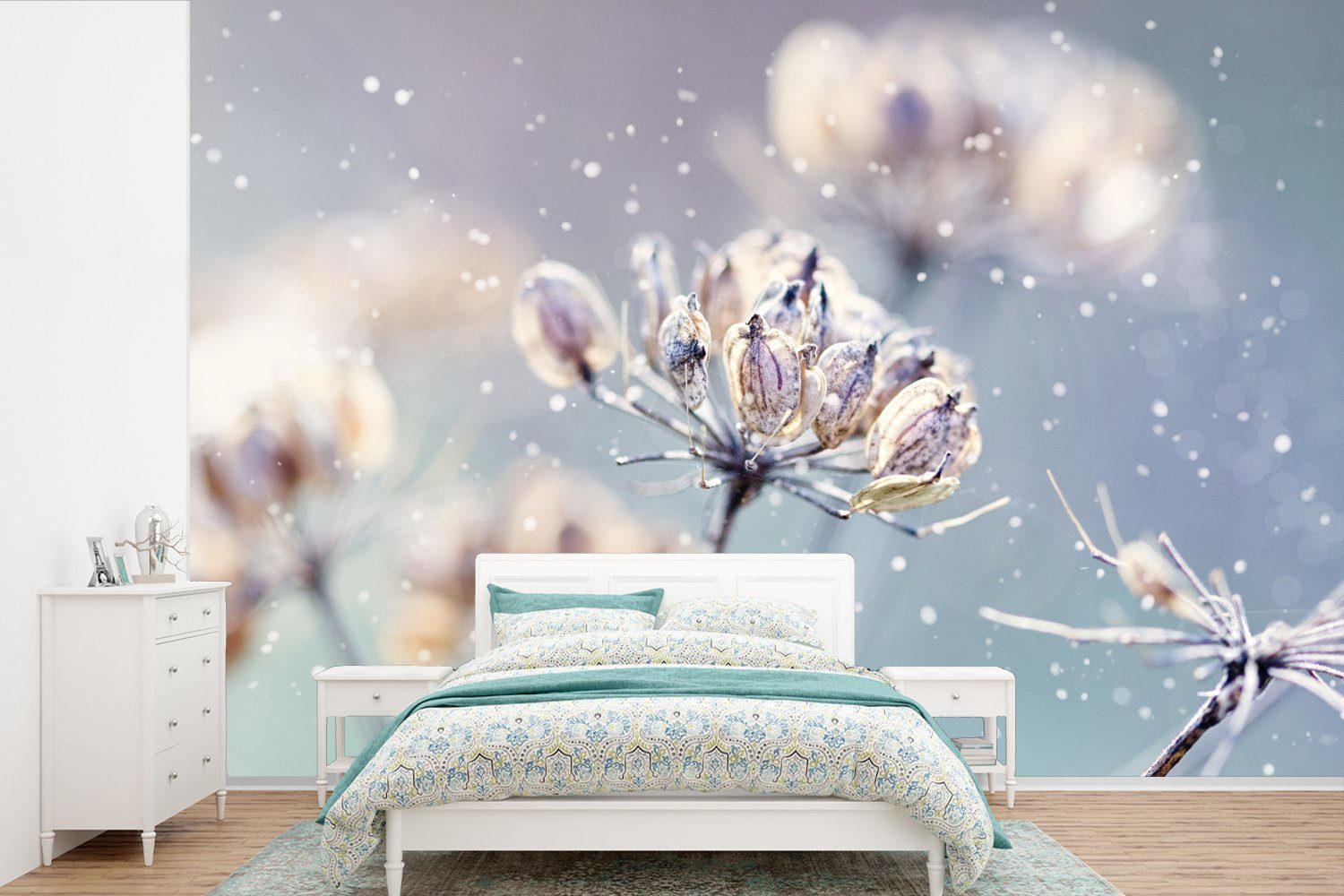 MuchoWow Fototapete Blumen - Schnee - Eis - Winter - Botanisch, Matt, bedruckt, (6 St), Wallpaper für Wohnzimmer, Schlafzimmer, Kinderzimmer, Vinyl Tapete