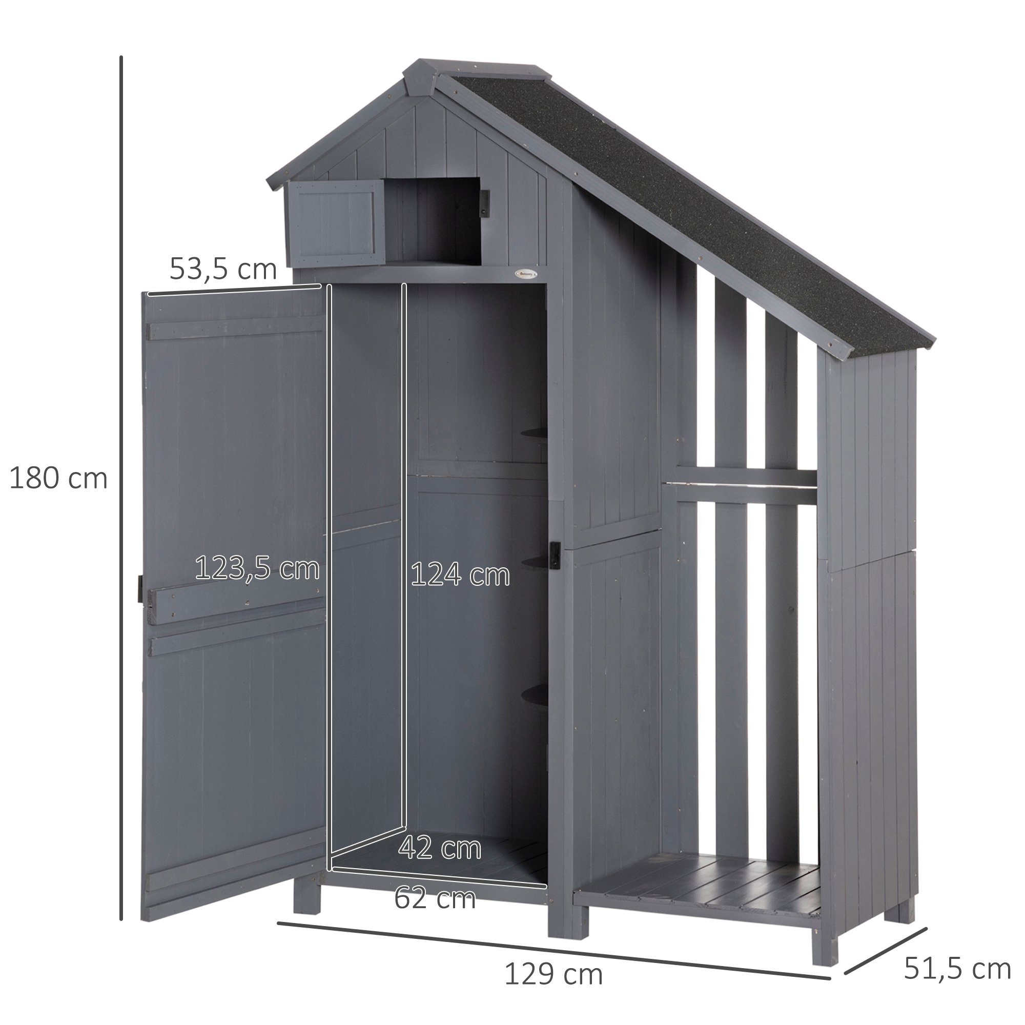 Outsunny Gerätehaus Gartenschrank, aus Holz, Geräteschuppen mit Giebeldach, BxT: 129x51.5 cm, (Holzhütte, 1 St., Gartenhaus), für Garten, Grau