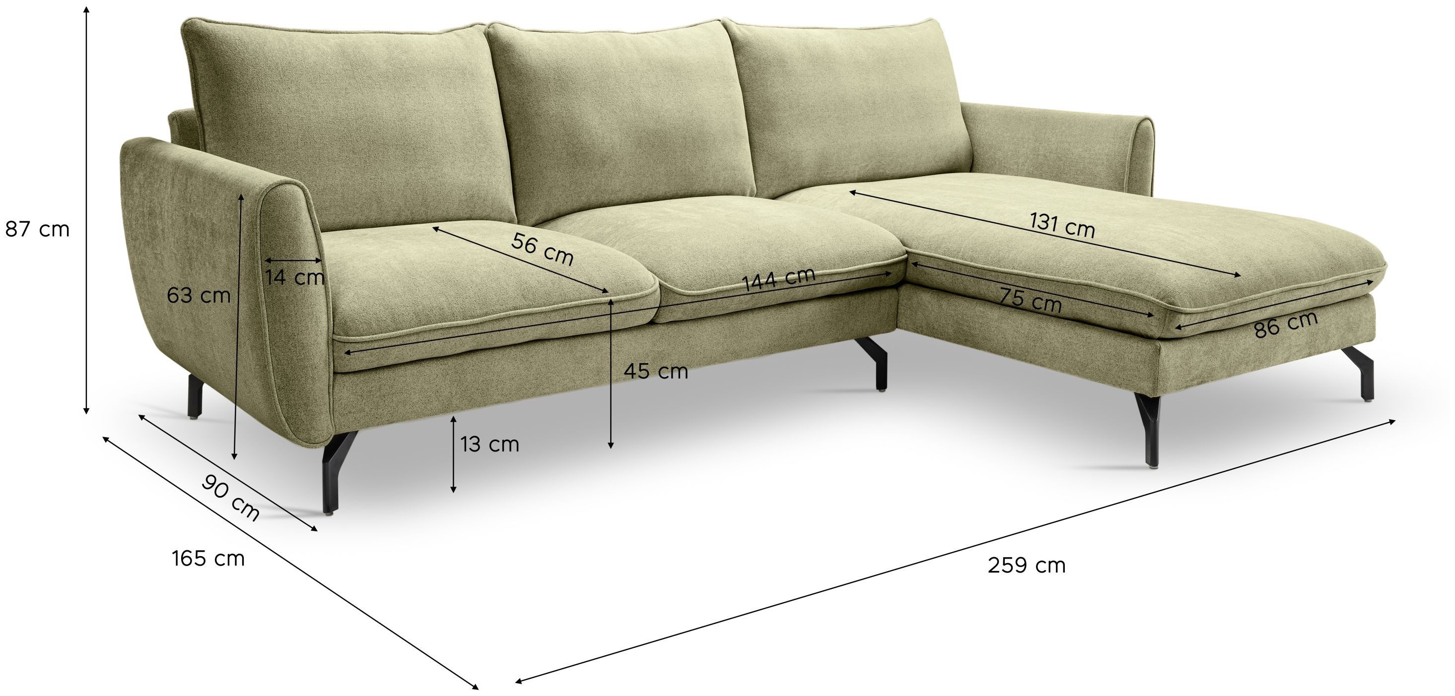 xonox.home Ecksofa, in L-Form Recamiere rechts aus Webstoff in grün B/H/T: 259x87x165cm