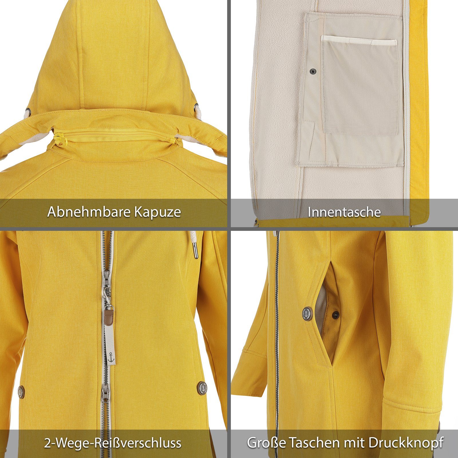 Dry Fashion Softshelljacke Sellin Damen Softshellmantel Fleece-Innenfutter - Outdoor Mantel Jacke Atmungsaktiv, 2-Wege-Reißverschluss, Abnehmbare Kapuze, Kinnsc – Bild 5 von 5