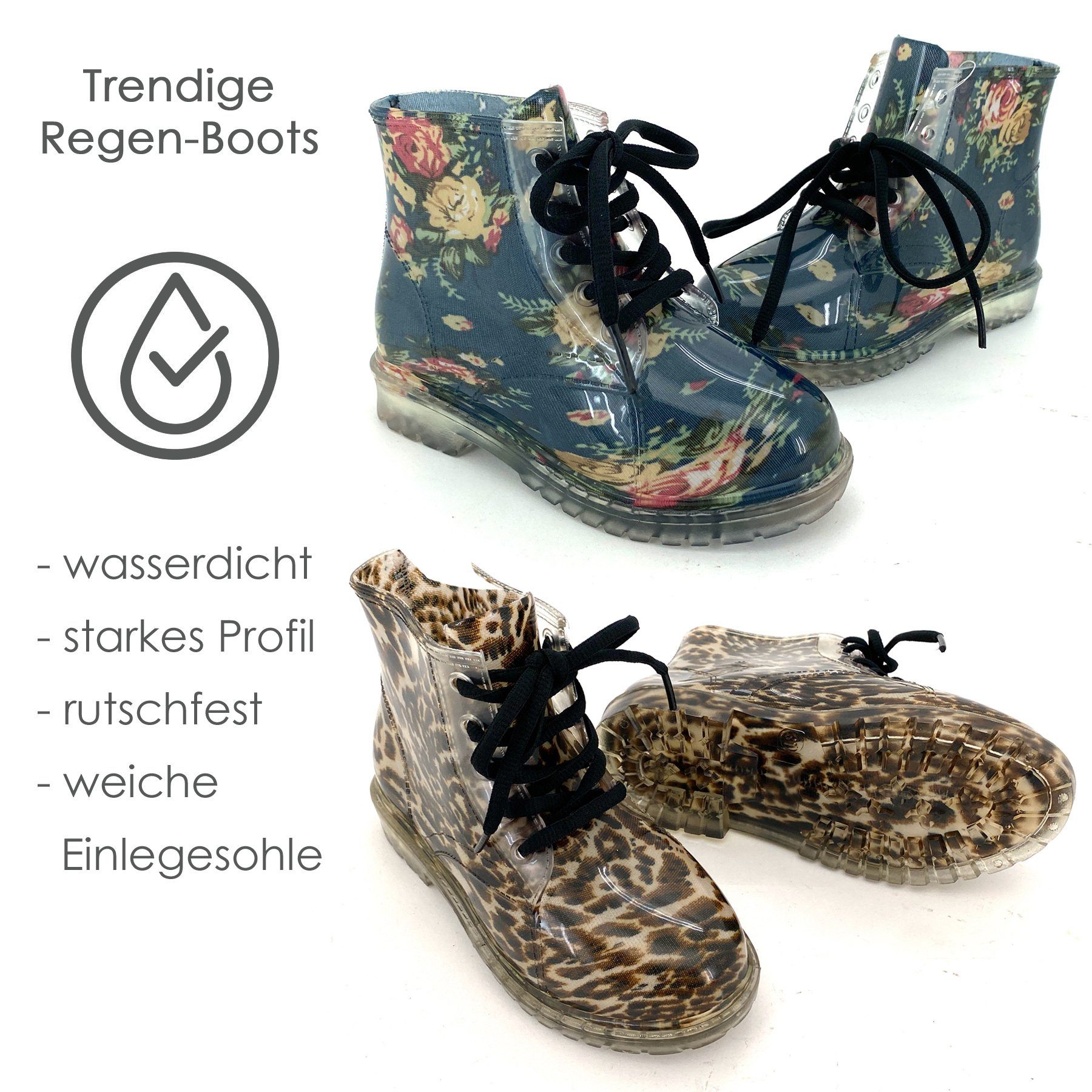 heimtexland Kinder Gummistiefel Schnürboots Mädchen Stiefel Gummistiefelette (Typ880, Rosen) Stiefeletten Trend Regen Boots wasserdicht Leopard Blumen – Bild 5 von 5