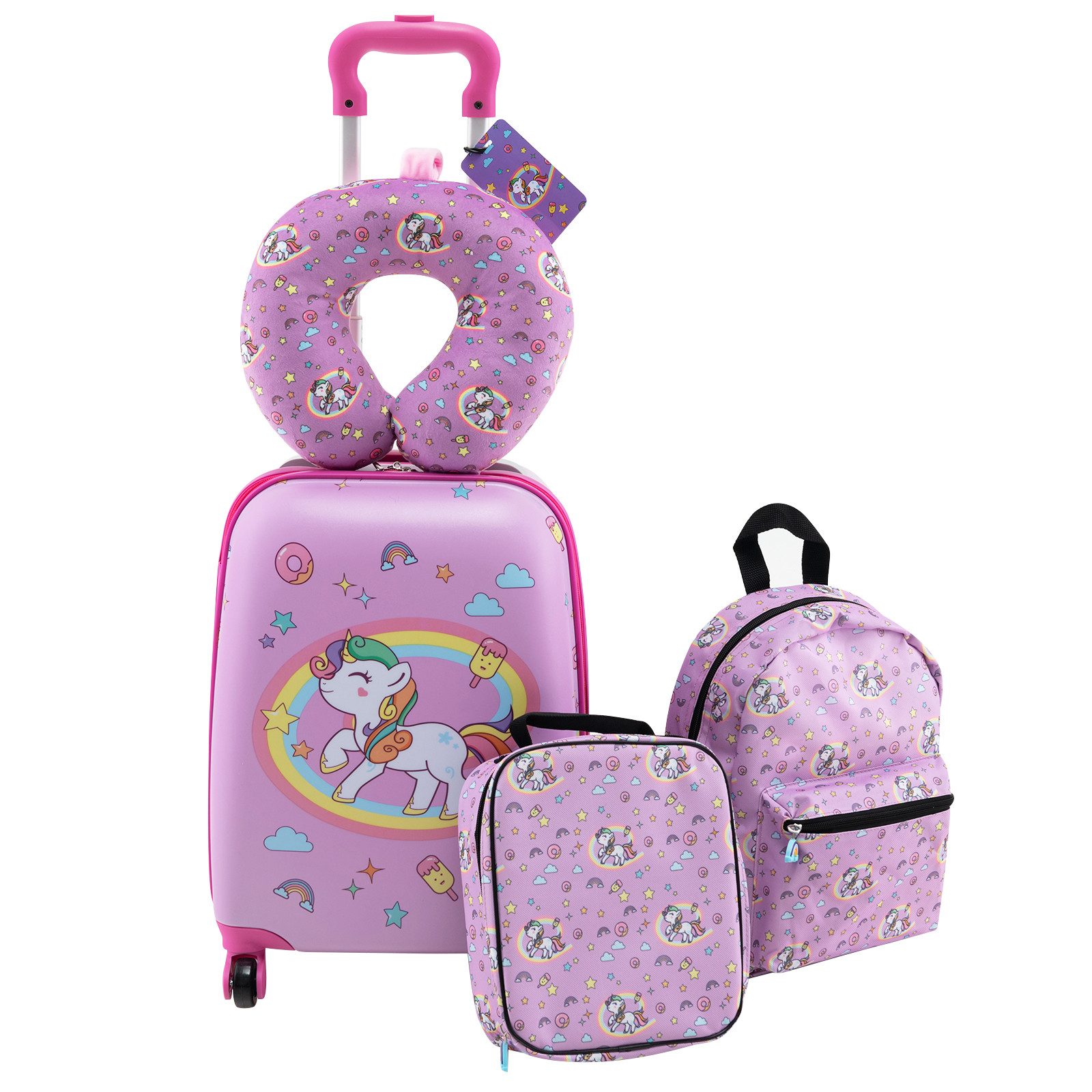 COSTWAY Kinderkoffer Set, 4 Rollen, 5 teiliges Trolley mit Handgepäck, Kissen