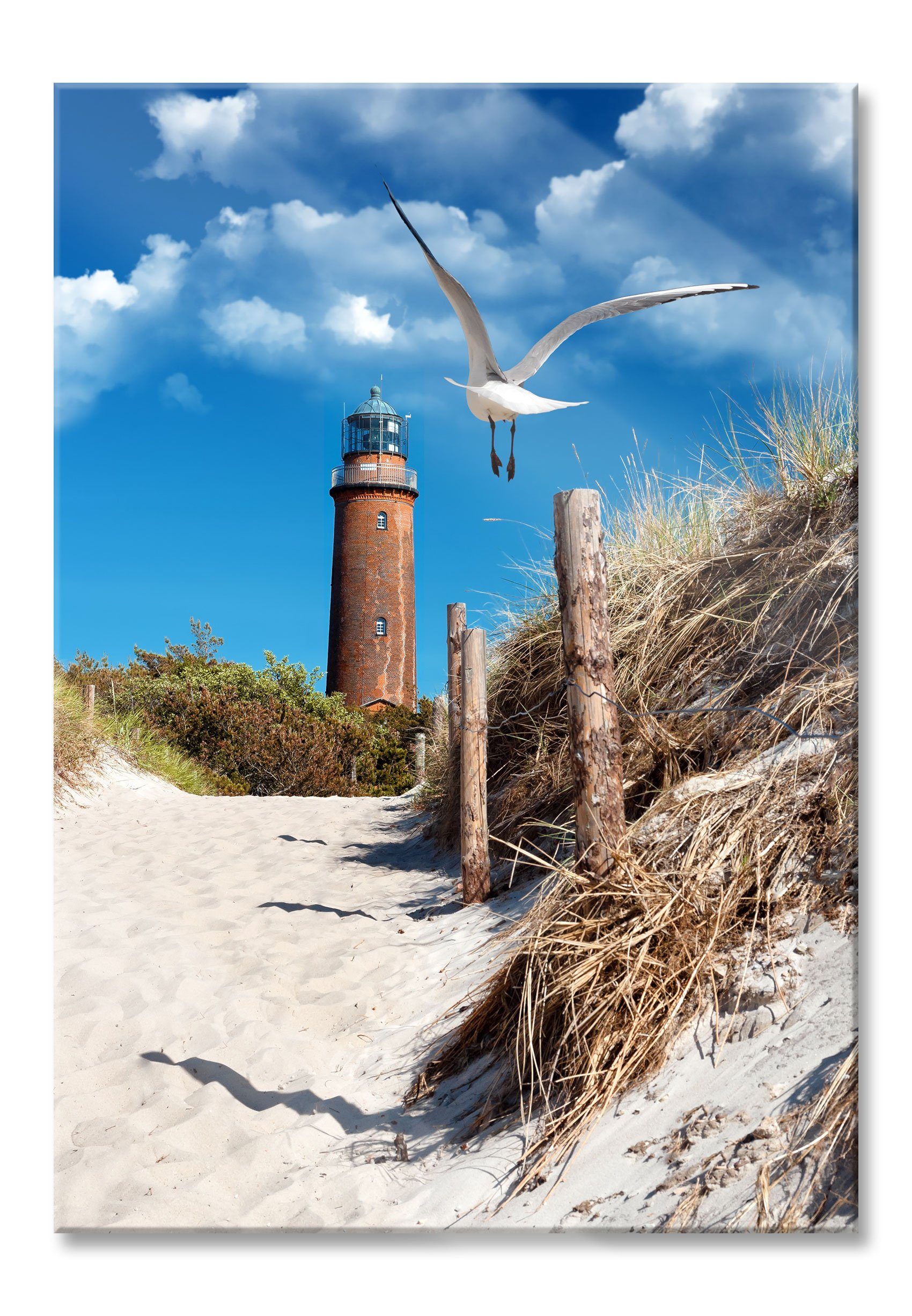 Pixxprint Glasbild Schöner Leuchtturm am Strand, Schöner Leuchtturm am Strand (1 St), Glasbild aus Echtglas, inkl. Aufhängungen und Abstandshalter