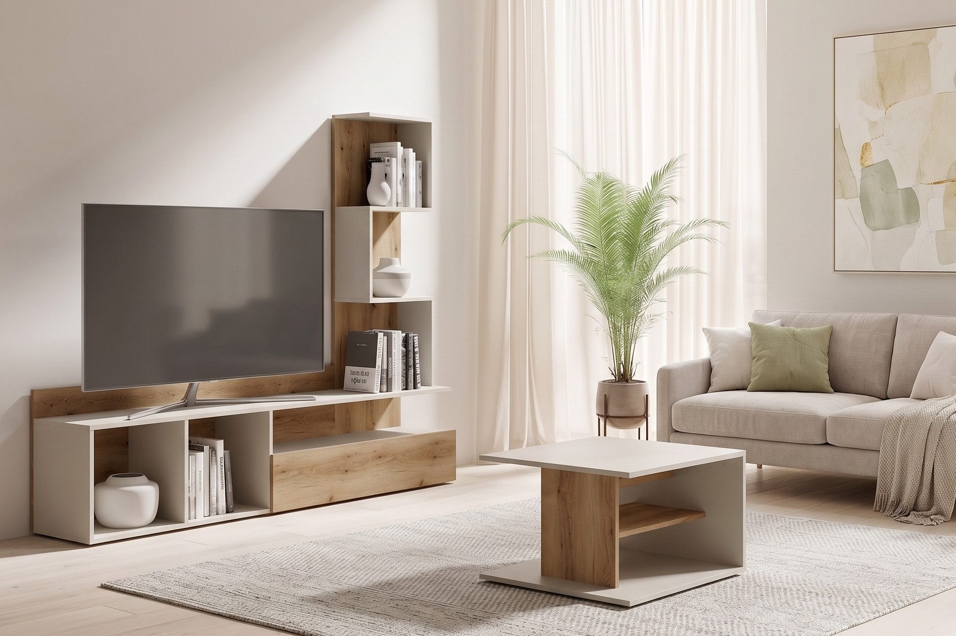 Home affaire Couchtisch LUMIA Kaffeetisch mit viel Stauraum, 60x60cm, modernes Design, Beistelltisch mit Ablagefläche, Kaschmir/Natureiche