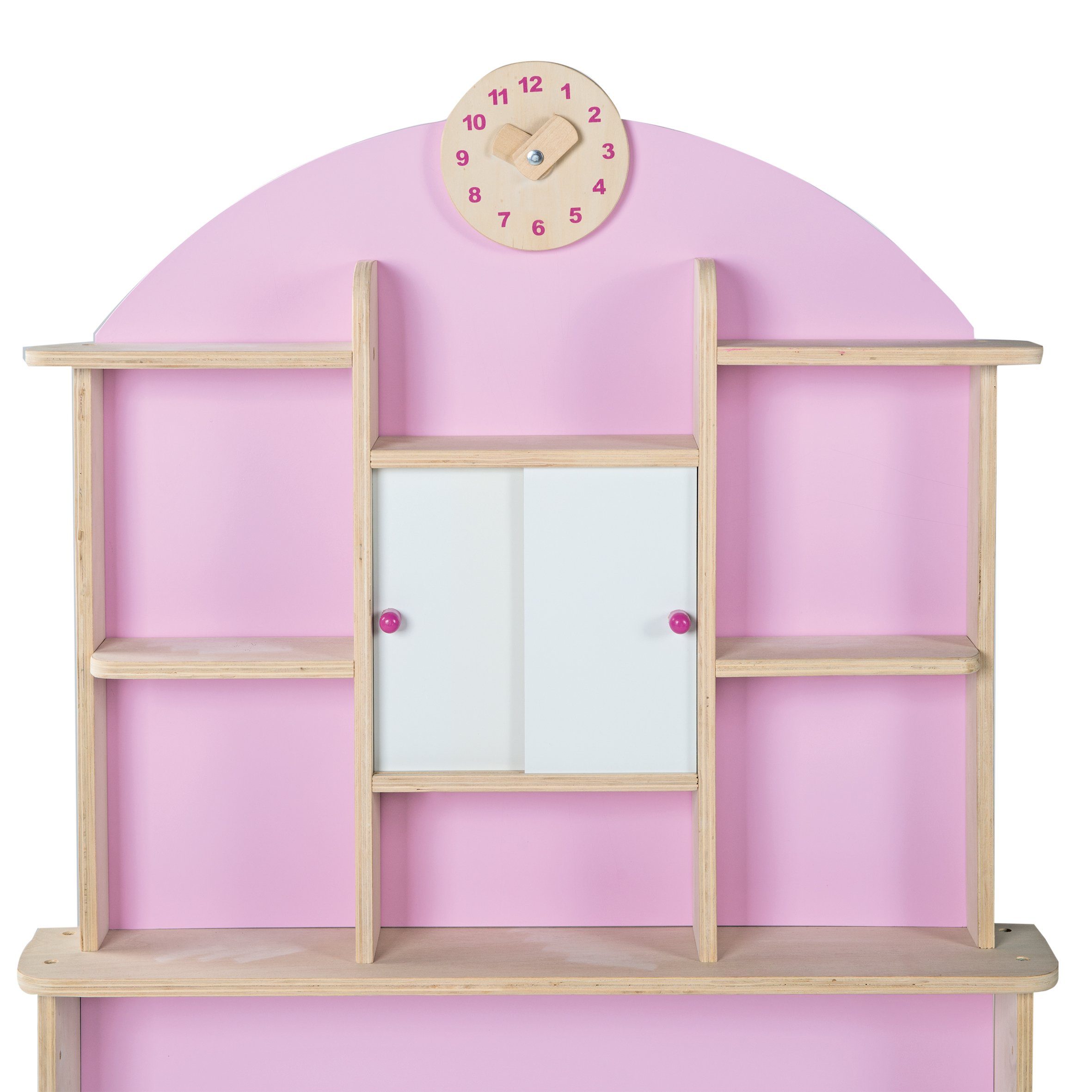 roba® Kaufladen Holz natur, rosa, weiß, Seitentheke & Uhr