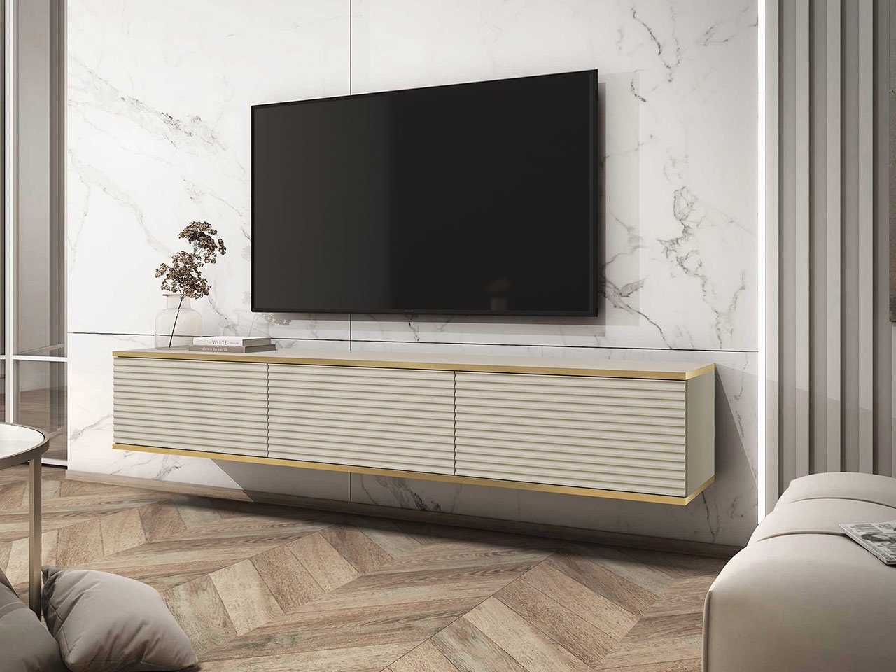 open, cm 175x32x30 Beige (3-Klappe) push II + Griffloses Oro Mirjan24 Beige TV-Schrank Gold / Öffnungssystem to