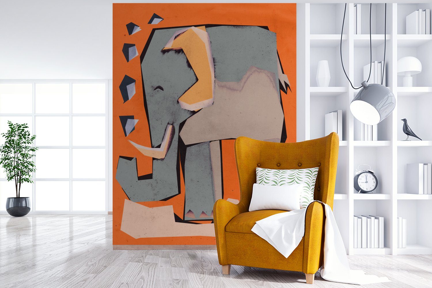 MuchoWow Fototapete Elefant - Montagefertig Matt, - Kinder Tapete Wandtapete Vinyl Tiere, (4 bedruckt, Wohnzimmer, St), - Orange Pastell - für