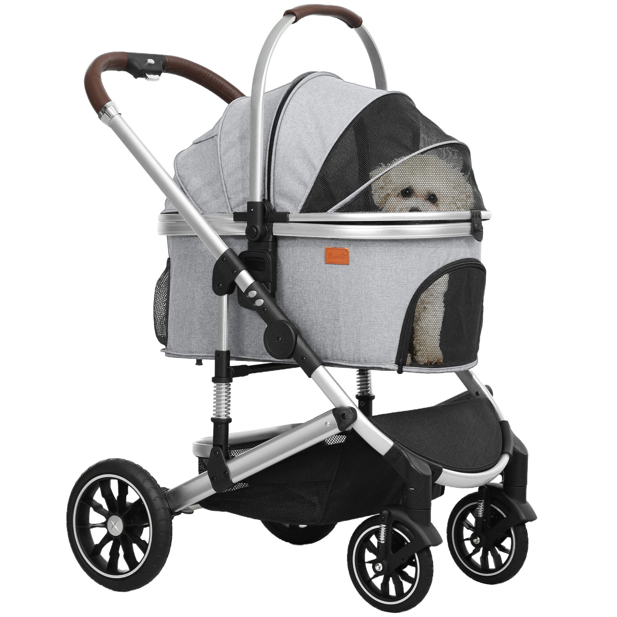 PawHut Hundebuggy 3 in 1, klappbar, mit Kissen, Becherhalter, Netzfenstern, Türen, (3-in-1 Design, 1-tlg), für Hunde bis 10 kg, Hellgrau