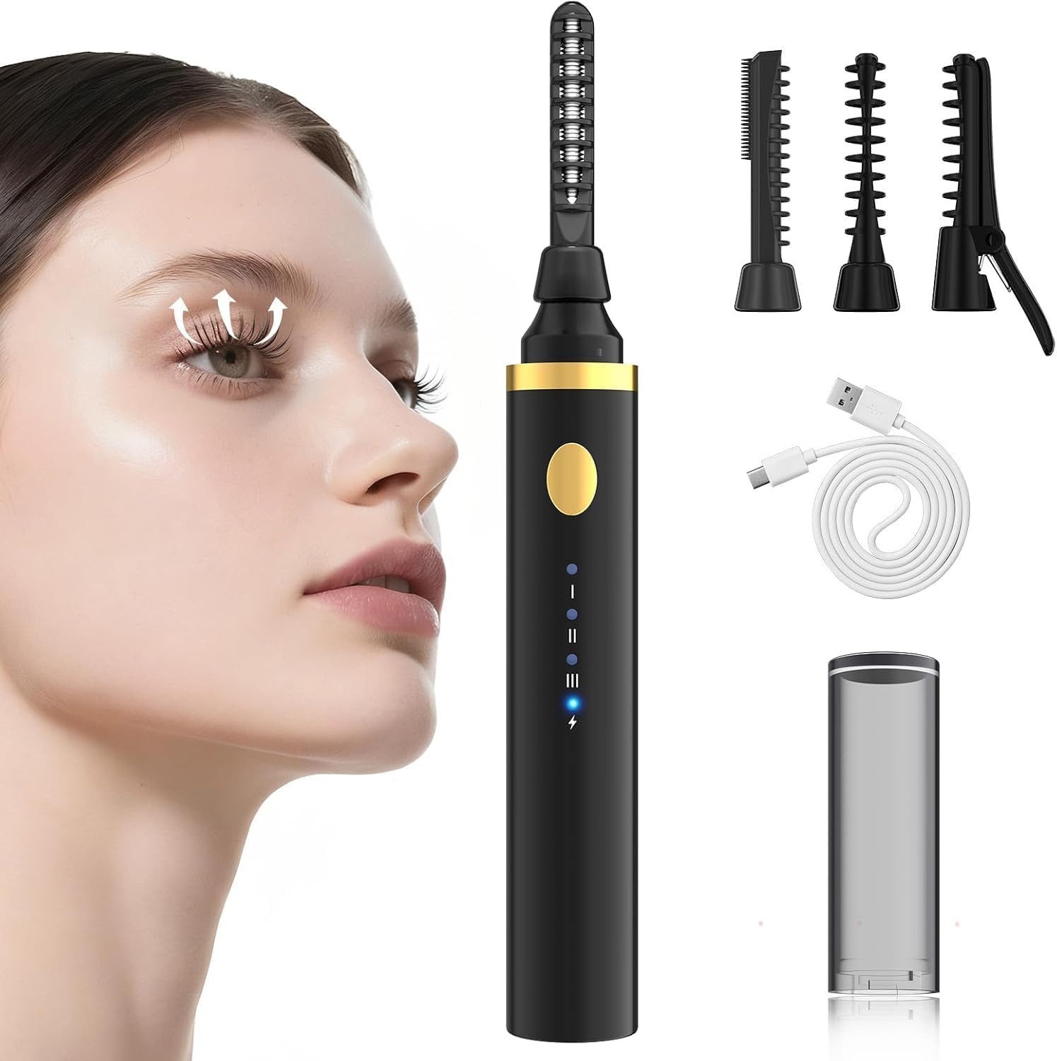 Vivitar Wimpernzange mit 3 Temperatureinstellungen (65 °C/75 °C/85 °C) 3 Bürstenaufsätze, NTC-Temperaturregelung, Silikon-Hitzeschutz, über USB-C aufladbar, 1-tlg., kompakt und handlich für Frauen, zum Schminken, für unterwegs, beheizbarer Wimpernformer für langanhaltenden Schwung