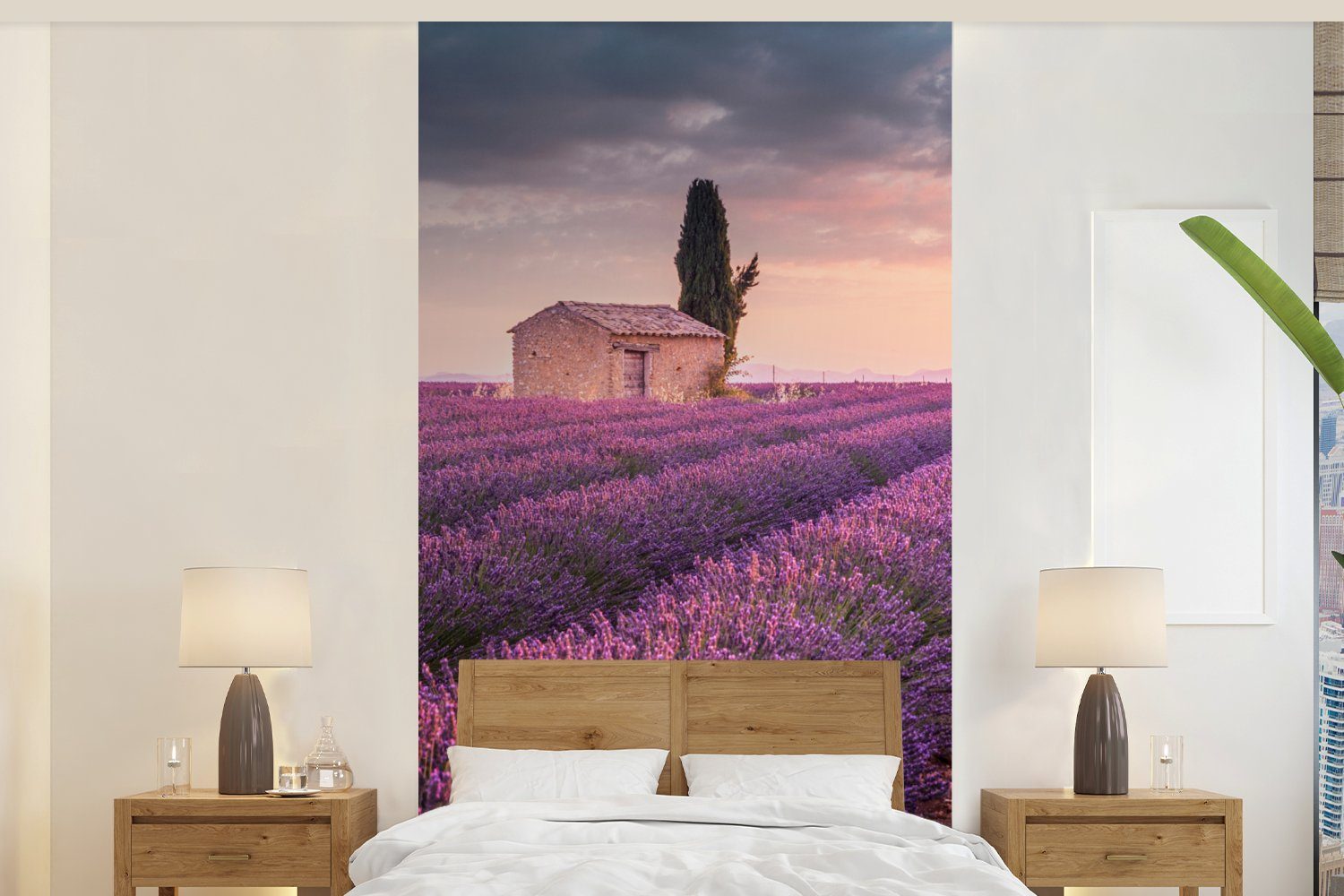 MuchoWow Fototapete Lavendel - Blumen - Lila - Feld, Matt, bedruckt, (2 St), Vliestapete für Wohnzimmer Schlafzimmer Küche, Fototapete