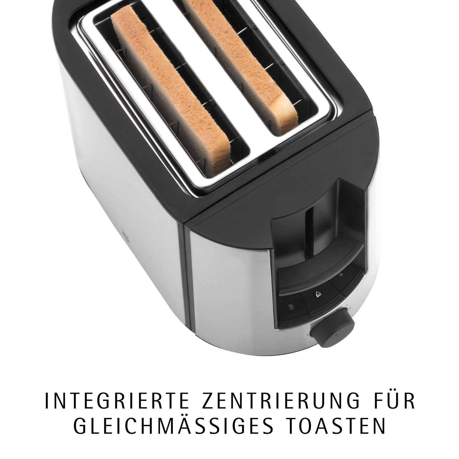 WMF Toaster Bueno Pro, 2-Scheiben-Toaster mit integriertem Brötchenaufsatz, 2 kurze Schlitze, für 2 Scheiben, 870 W, 6 Bräunungsstufen, Brotzentrierung, Krümelschublade, Cromargan Gehäuse