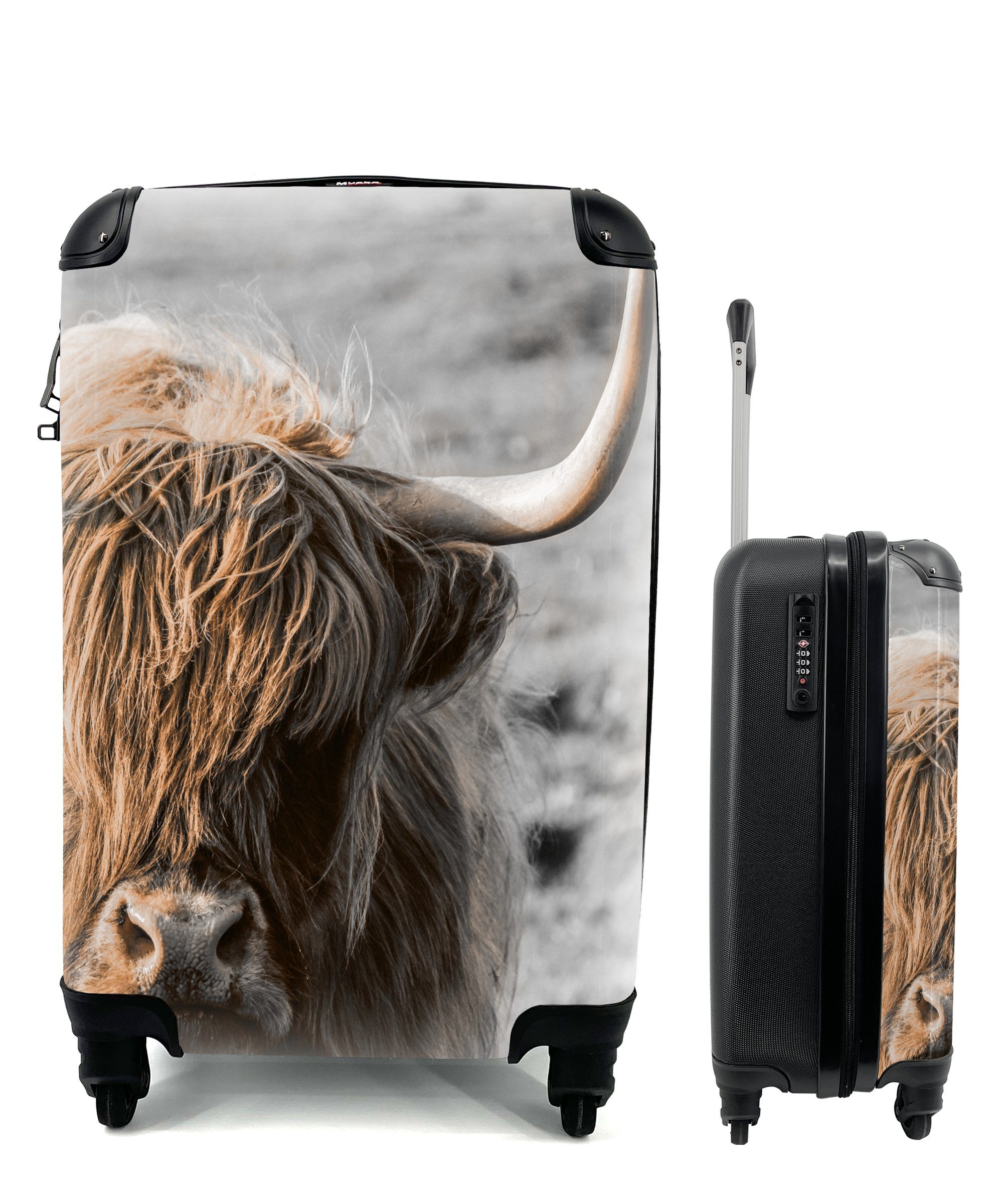 Handgepäckkoffer für Reisekoffer rollen, Tier Highlander Reisetasche Porträt, 4 Ferien, mit Trolley, Rollen, - MuchoWow - Handgepäck Schottischer