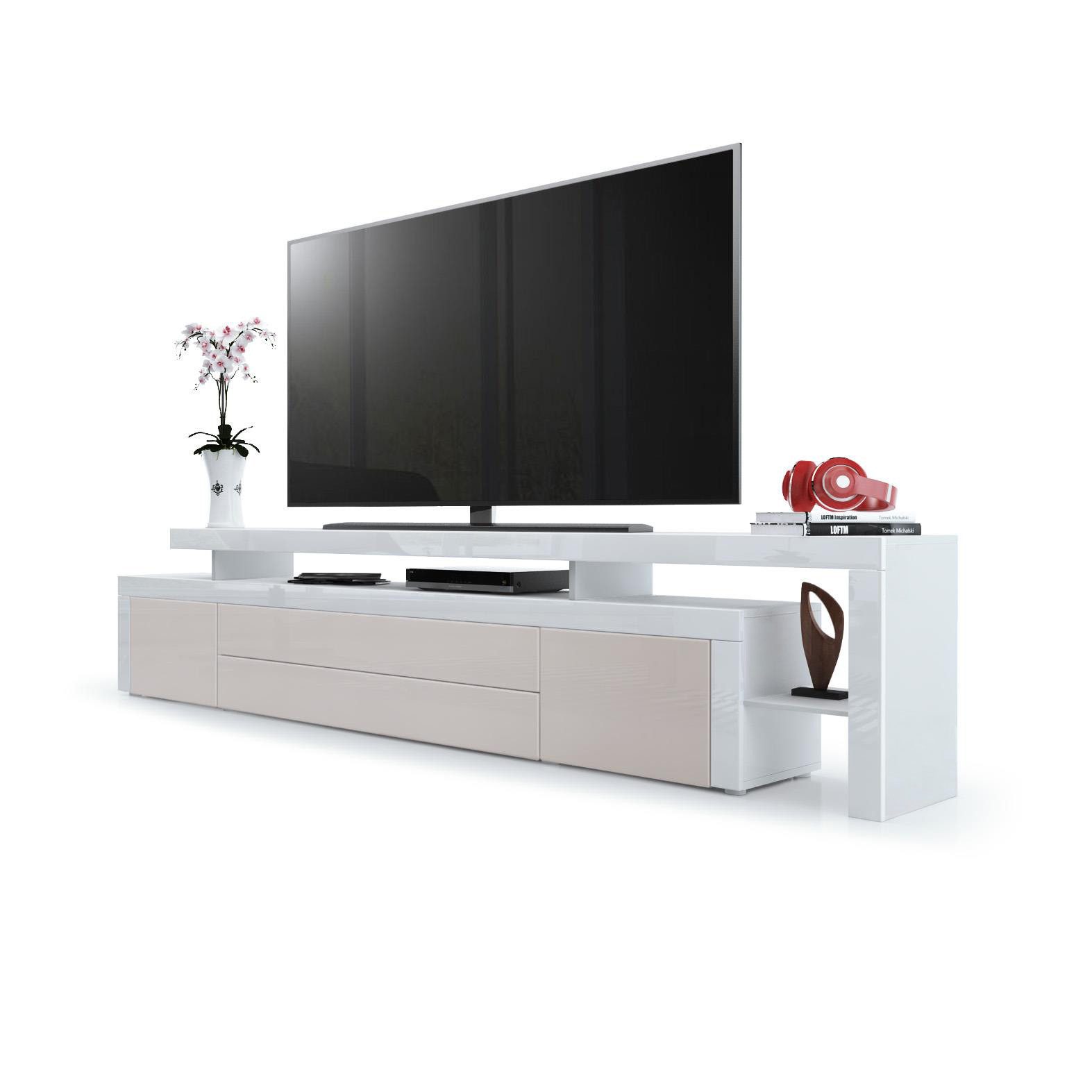 Vladon Lowboard Leon (TV-Kommode, mit zwei Türen, zwei Schubkästen und einem modernen Überbau), Weiß matt/Sandgrau Hochglanz/Weiß Hochglanz (227 x 52 x 35 cm)