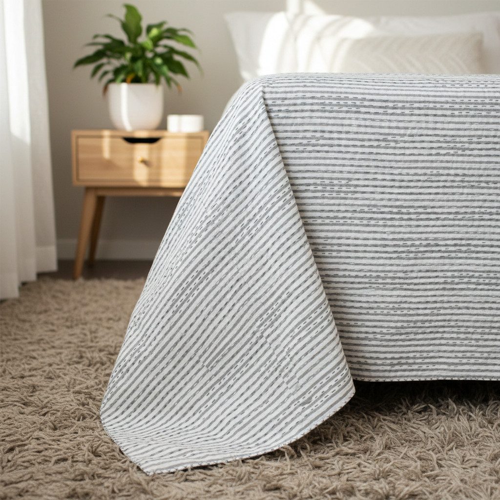 Indradanush Tagesdecke Tagesdecke Bettüberwurf Blockprint grau weiß gestreift, auch als Tischdecke, extra groß 240 x 260 cm