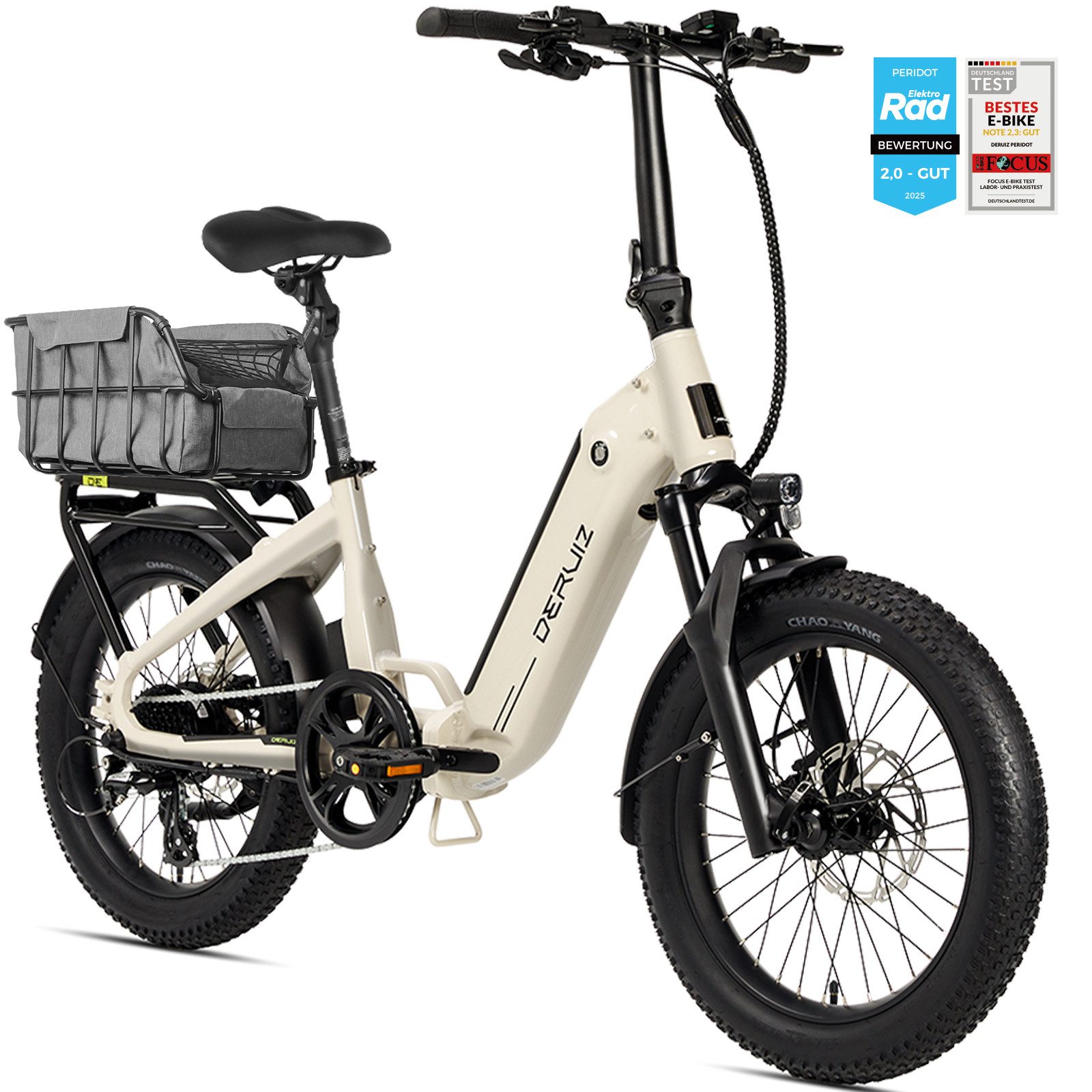 DERUIZ E-Bike Klapprad 20x3,0 Zoll, max. 140km, Federsattelstütze, mit Bluetooth, 5 Stufen, 8 Gang SHIMANO SHIMANO ALTUS 11-32T Schaltwerk, Kettenschaltung, Heckmotor, 500 Wh, (mit Akku-Ladegerät, mit Werkzeug), RH:36cm, Bremslicht, Gepäckträger (max.50kg), hydraulische Bremsen