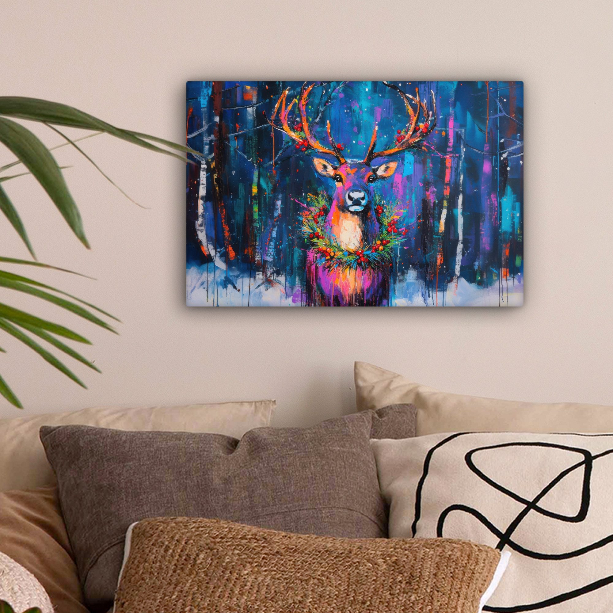 OneMillionCanvasses® Leinwandbild Rentier - Kranz - günstig online kaufen
