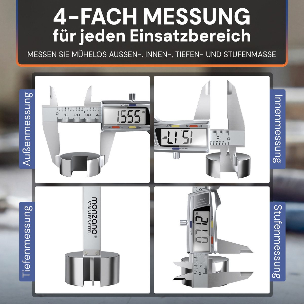 monzana Messschieber, 4-St., Digital Edelstahl 150mm mit LCD Display Box Ersatzbatterie Messlehre