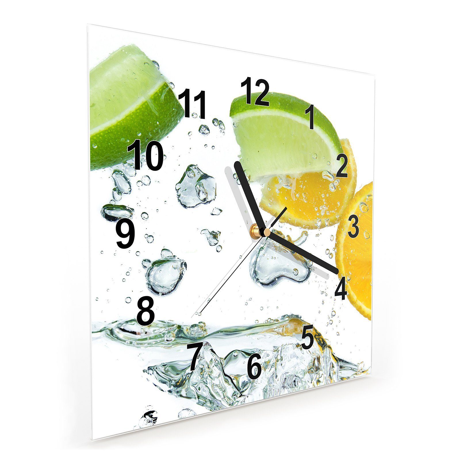 Primedeco Wanduhr Glasuhr Wassersplash Motiv Limetten mit x cm Wanduhr Größe 30 30 auf Wandkunst