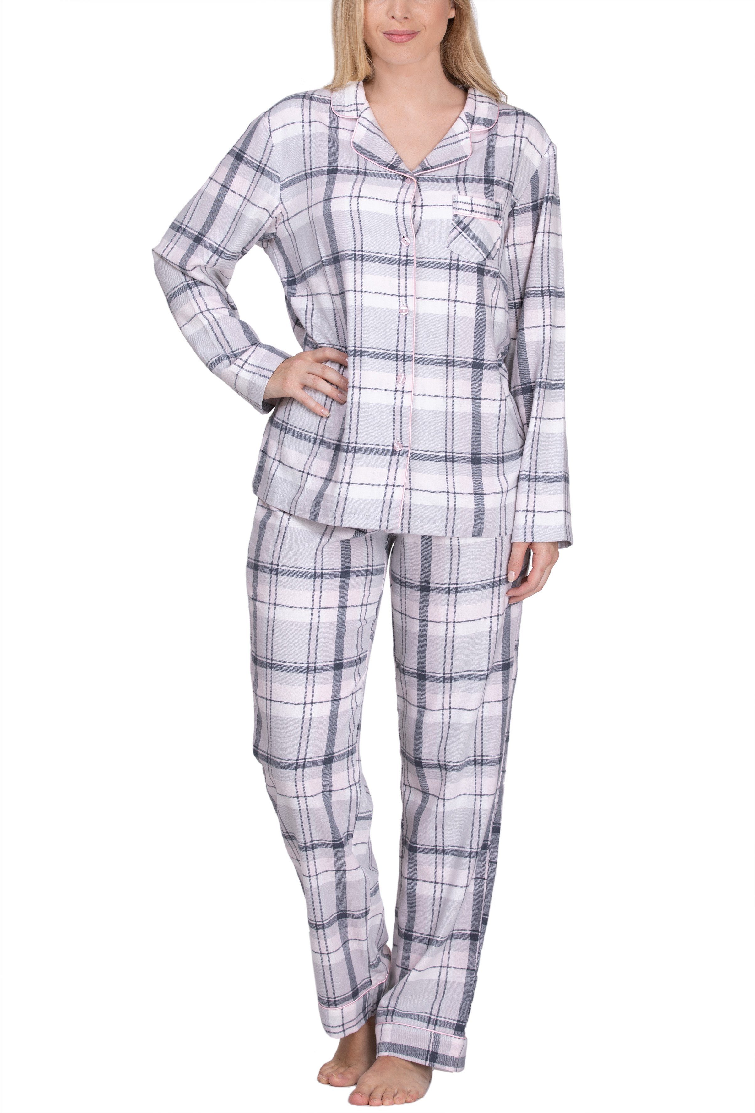 für Schlafanzug Flanell aus Pyjama Damen Baumwolle 100% maluuna
