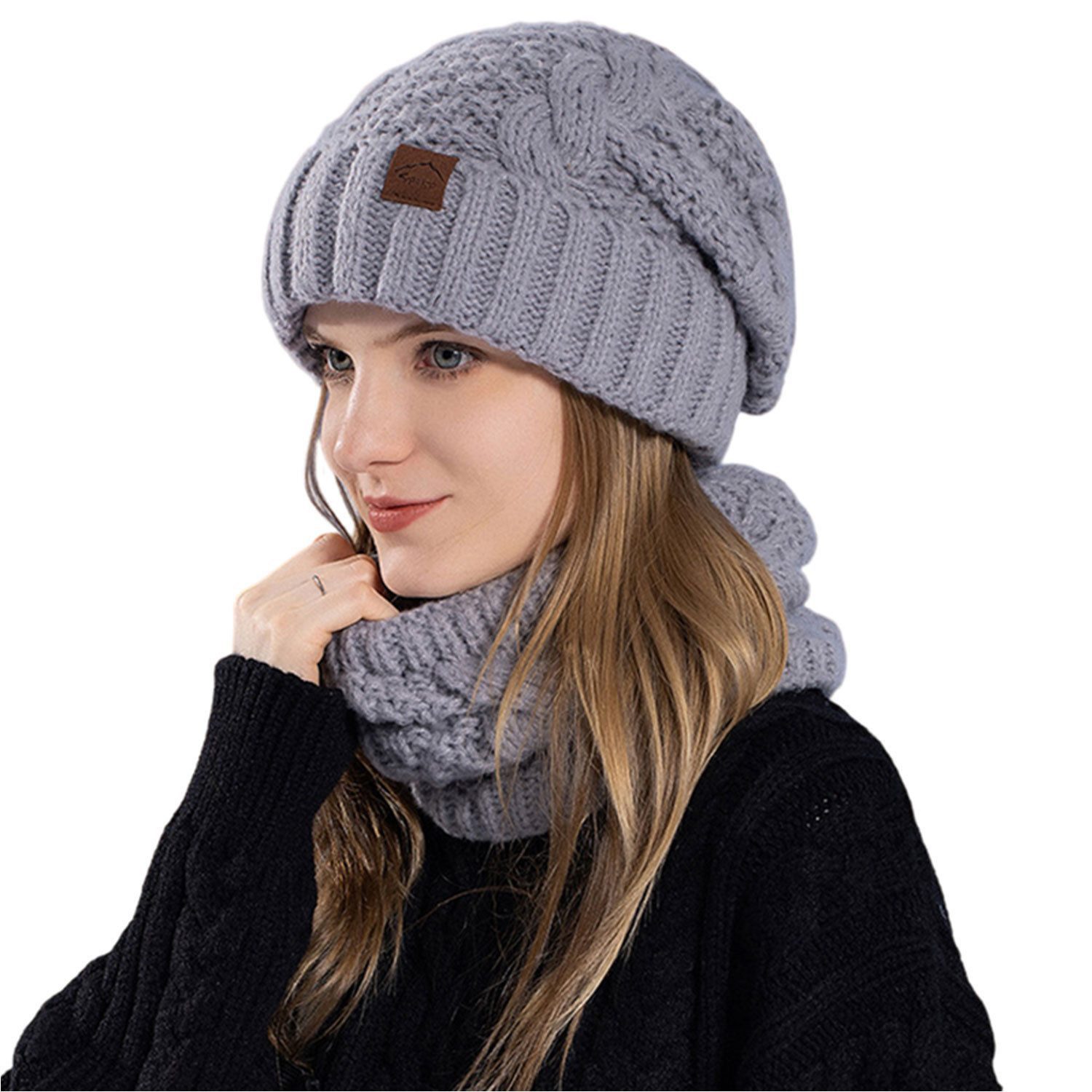 Strickmütze Damen Warm Strickmütze&Schal Set,Kälteschutz,Plüsch