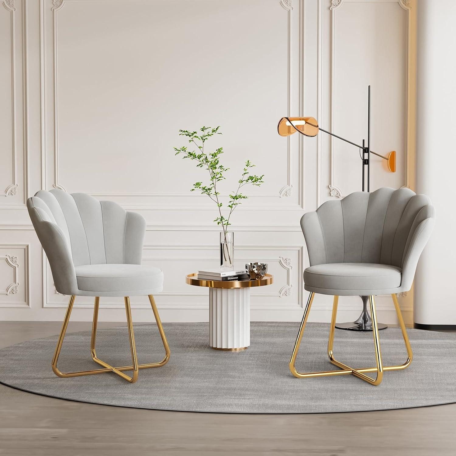LuxusKollektion Cocktailsessel Polstersessel Samt Blütenblattlehne Metallbeine Gold 2er Set-grau