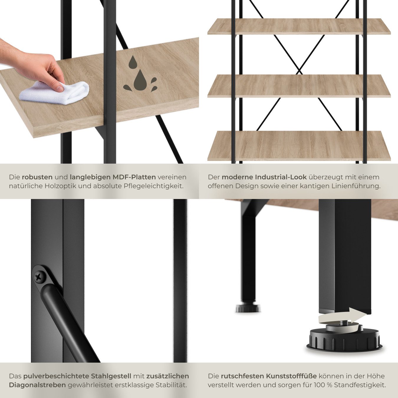 tectake Bücherregal Standregal, inklusive Kippschutz, 106 x 34,5 x 179,5 cm, Holzregal Glasgow 1-tlg., mit 5 Ebenen, mit höhenverstellbaren Kunststofffüßen