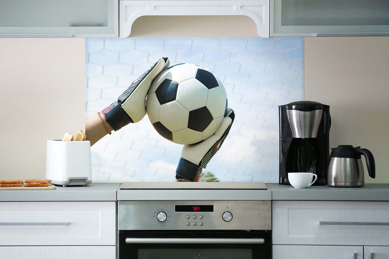 Fußball (1-tlg) Himmel, vor Wallario blauem Torwart Tor Küchenrückwand im -