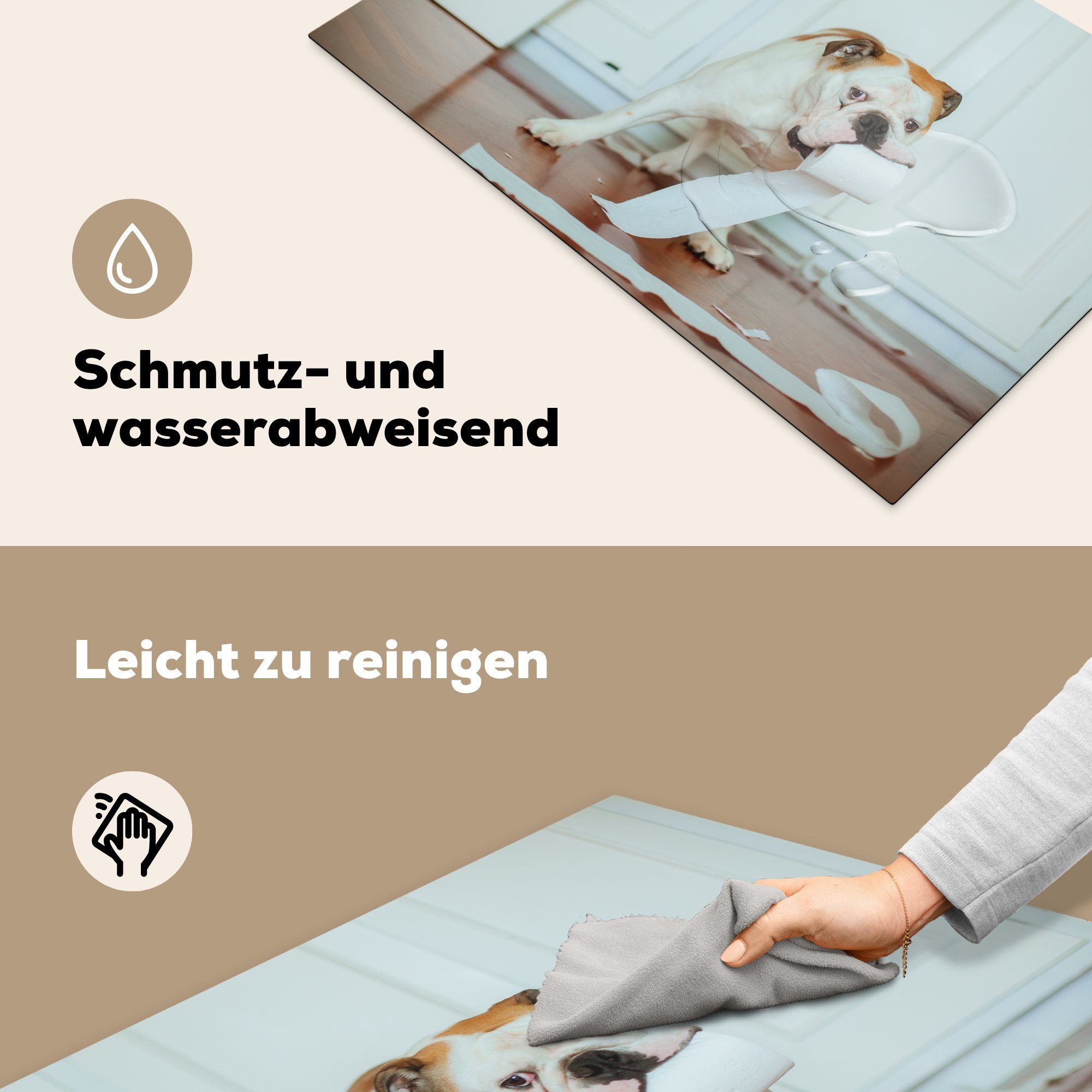 MuchoWow Herdblende-/Abdeckplatte Hund spielt mit cm, küche, Toilettenpapier, Vinyl, tlg), für 81x52 (1 Schutz die Ceranfeldabdeckung Induktionskochfeld